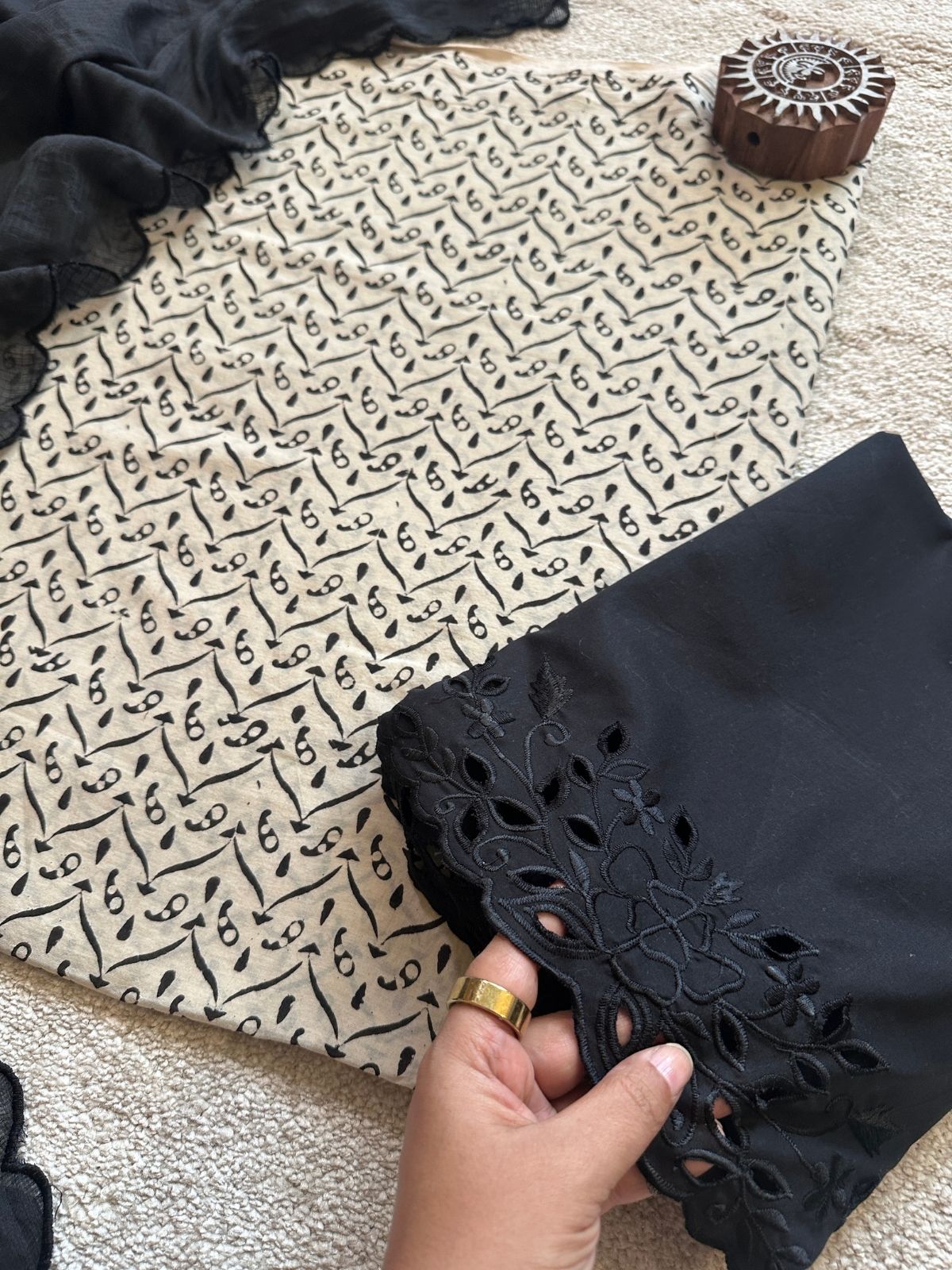 Pure Cotton Malmal  Ajrakh Fabric with Exclusive Cutwork Bottom & Kota Doria Dupatta