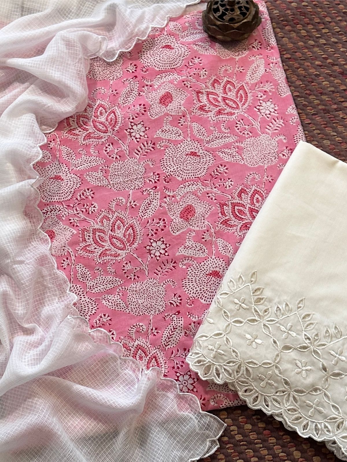 Pure Cotton Hand-blocked Fabric with Cutwork Bottom & Kota Doria Dupatta