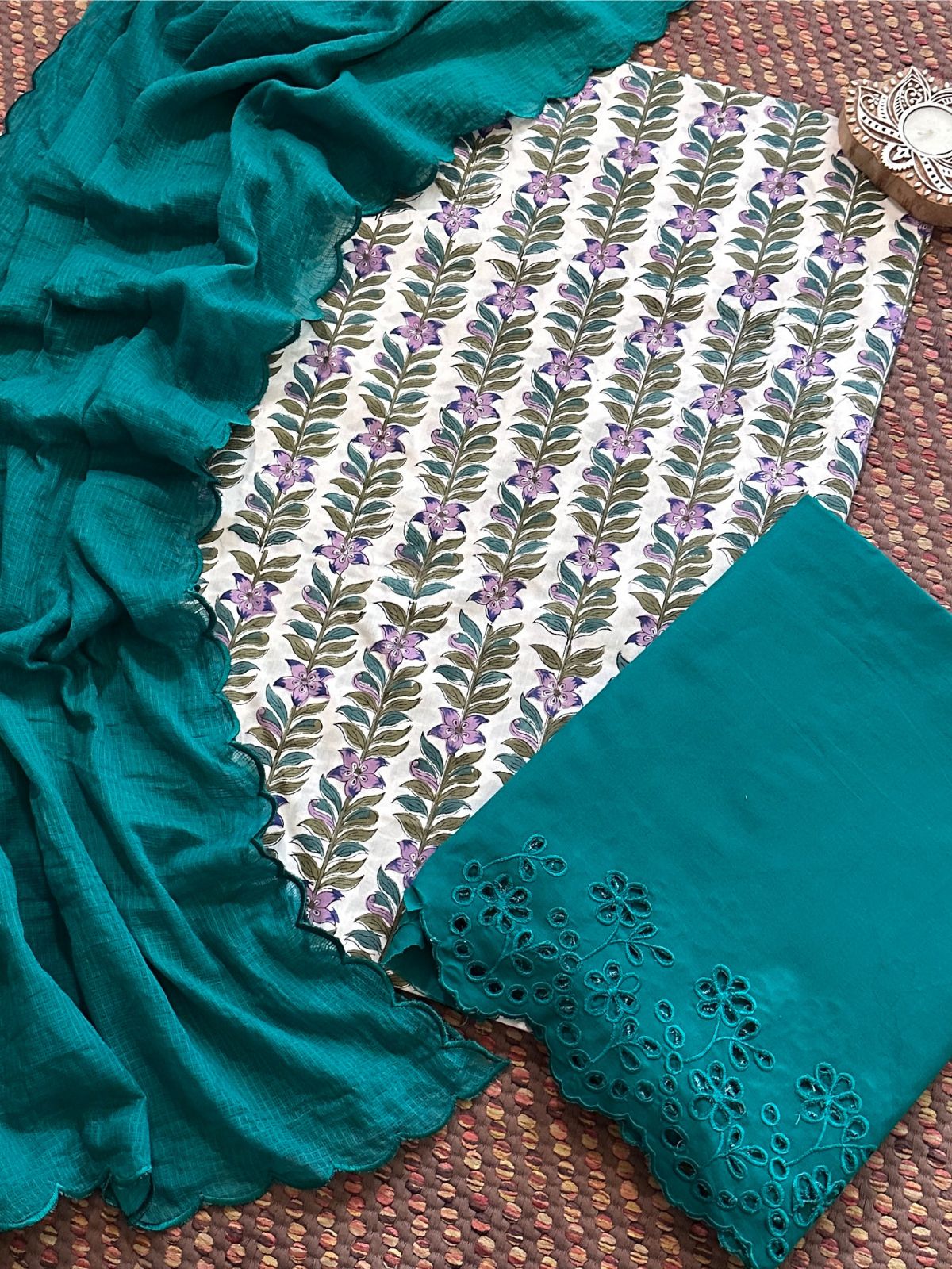 Pure Cotton Hand-blocked Fabric with Cutwork Bottom & Kota Doria Dupatta