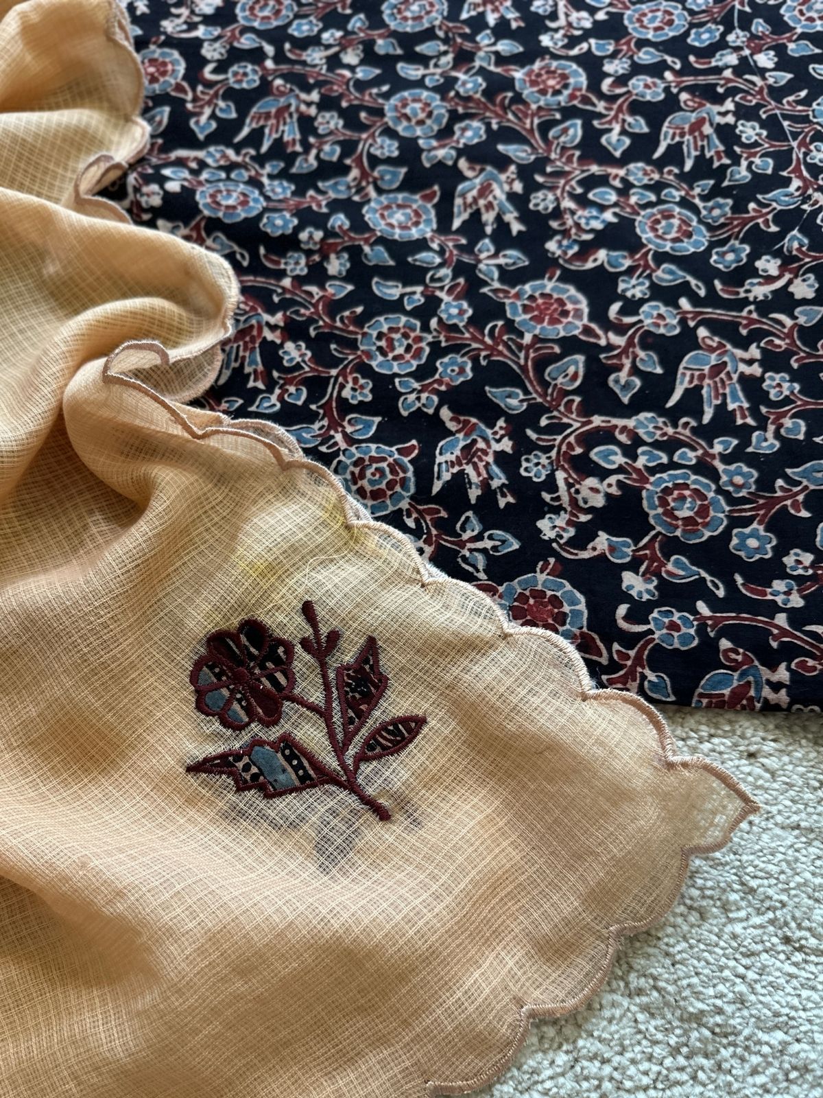 Bagh Set- Ajrak Fabric with Applique Embroidered Dupatta