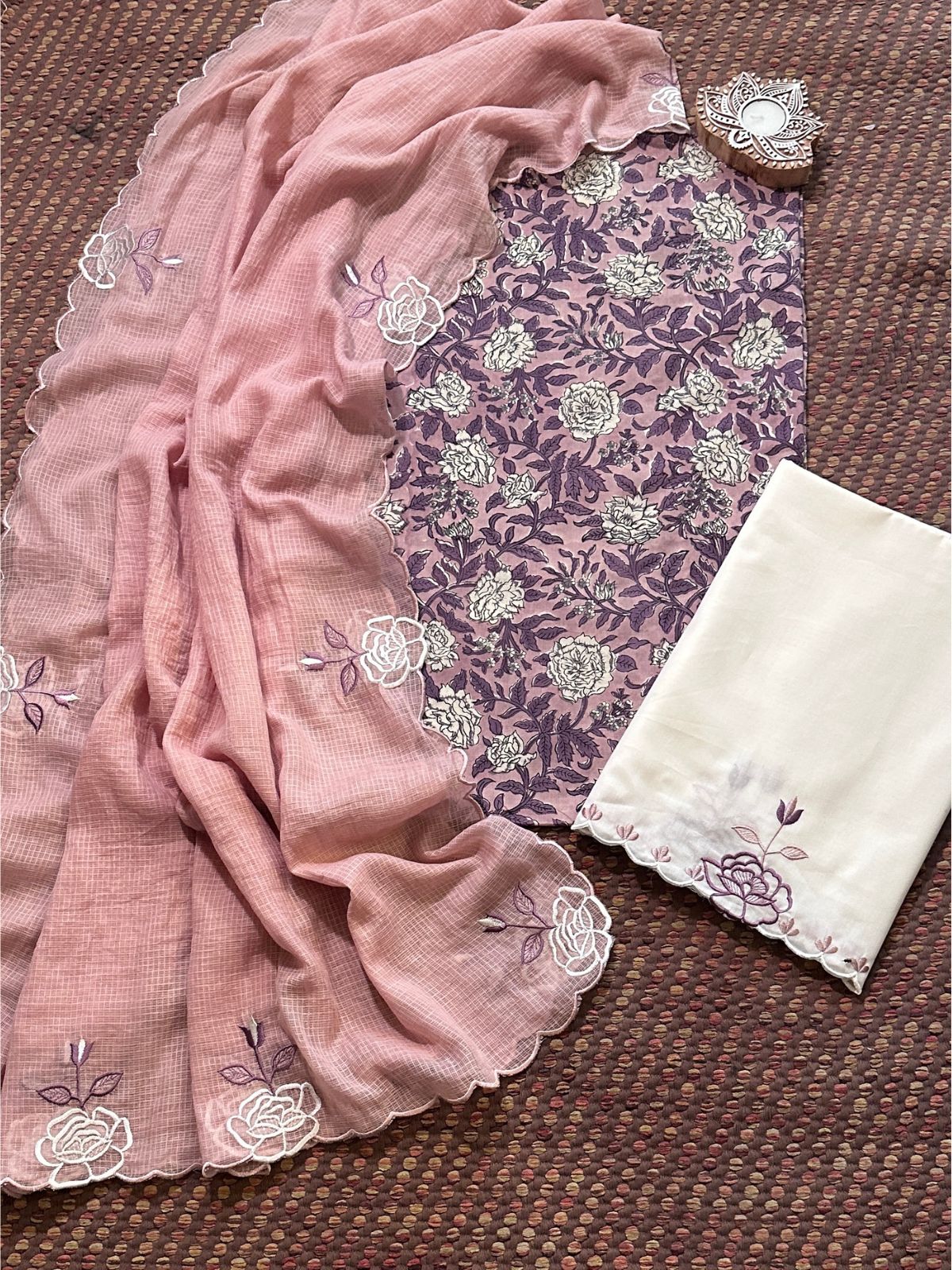 Pure Cotton Hand-block Fabric with Embroidered Bottom & Kota Doria Dupatta