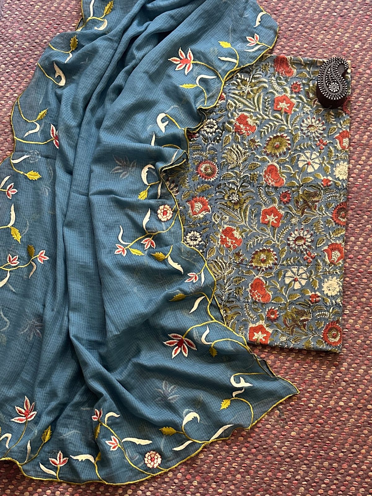 Pure Cotton Hand-blocked Fabric with Embroidered Dupatta