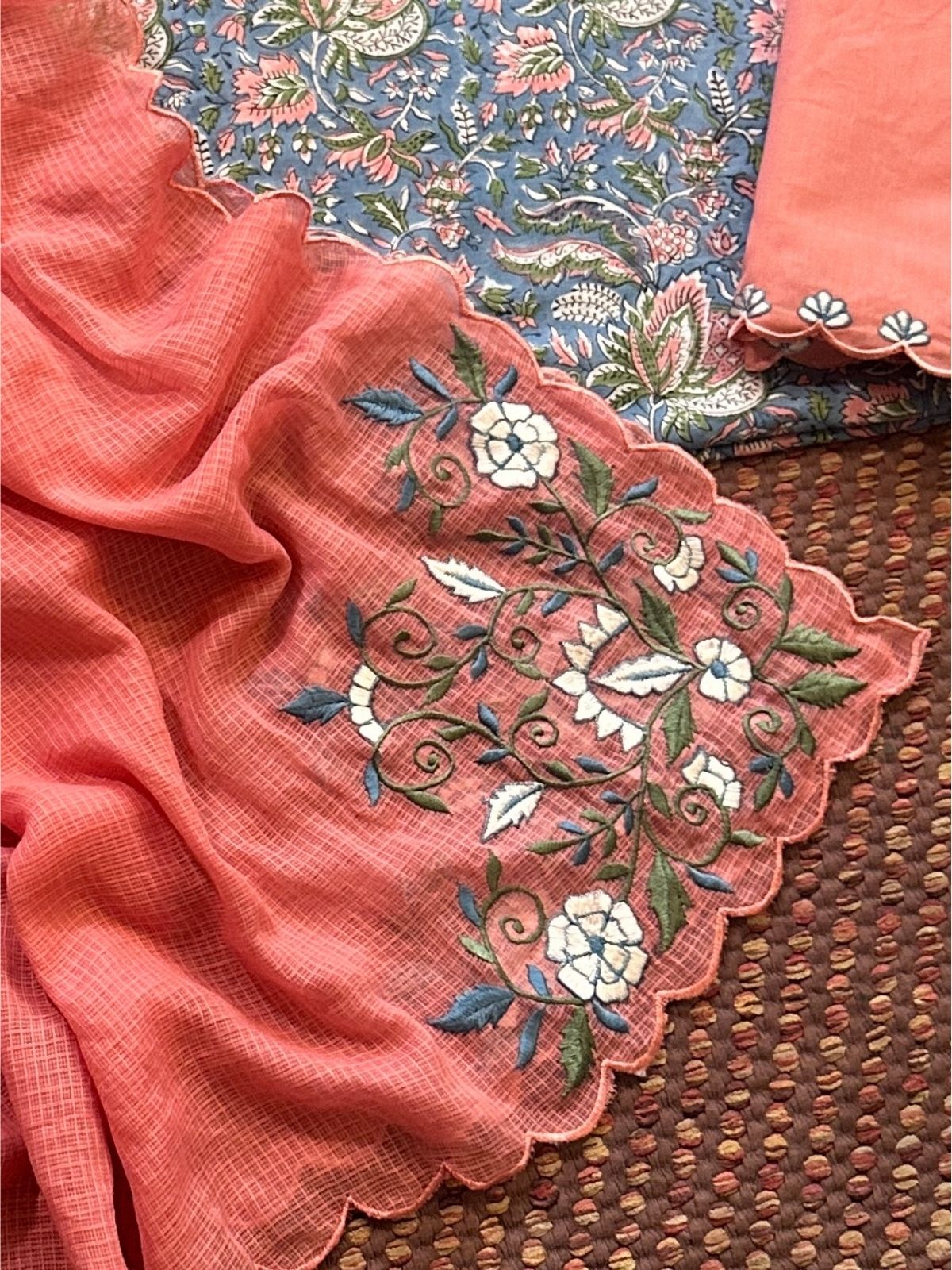 Pure Cotton Hand-block Fabric with Embroidered Bottom & Kota Doria Dupatta