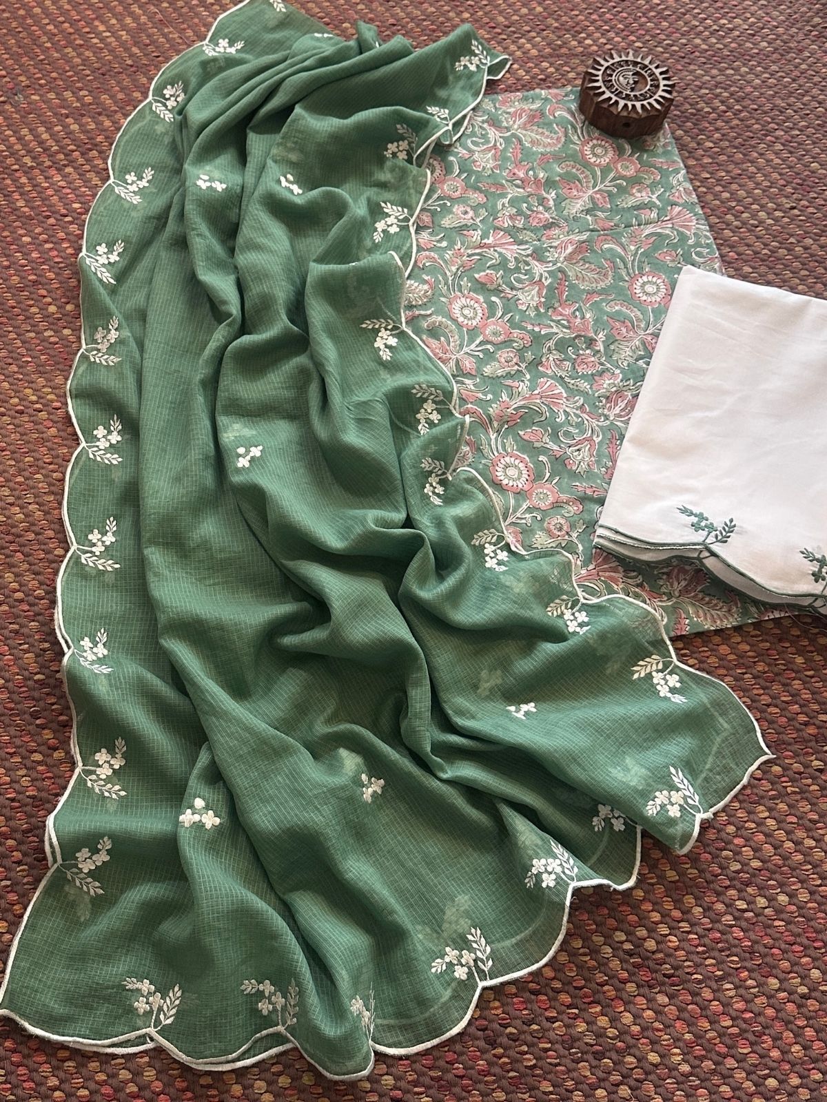 Pure Cotton Hand-block Fabric with Embroidered Bottom & Kota Doria Dupatta