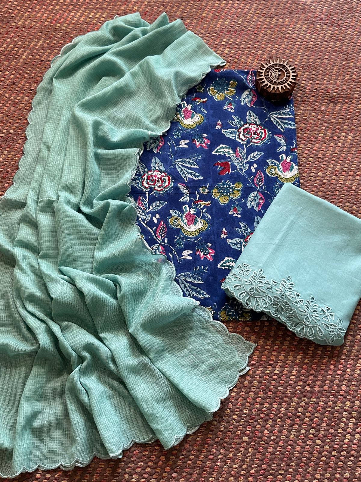 Pure Taj Cotton Hand-blocked Fabric with Cutwork Bottom & Kota Doria Dupatta