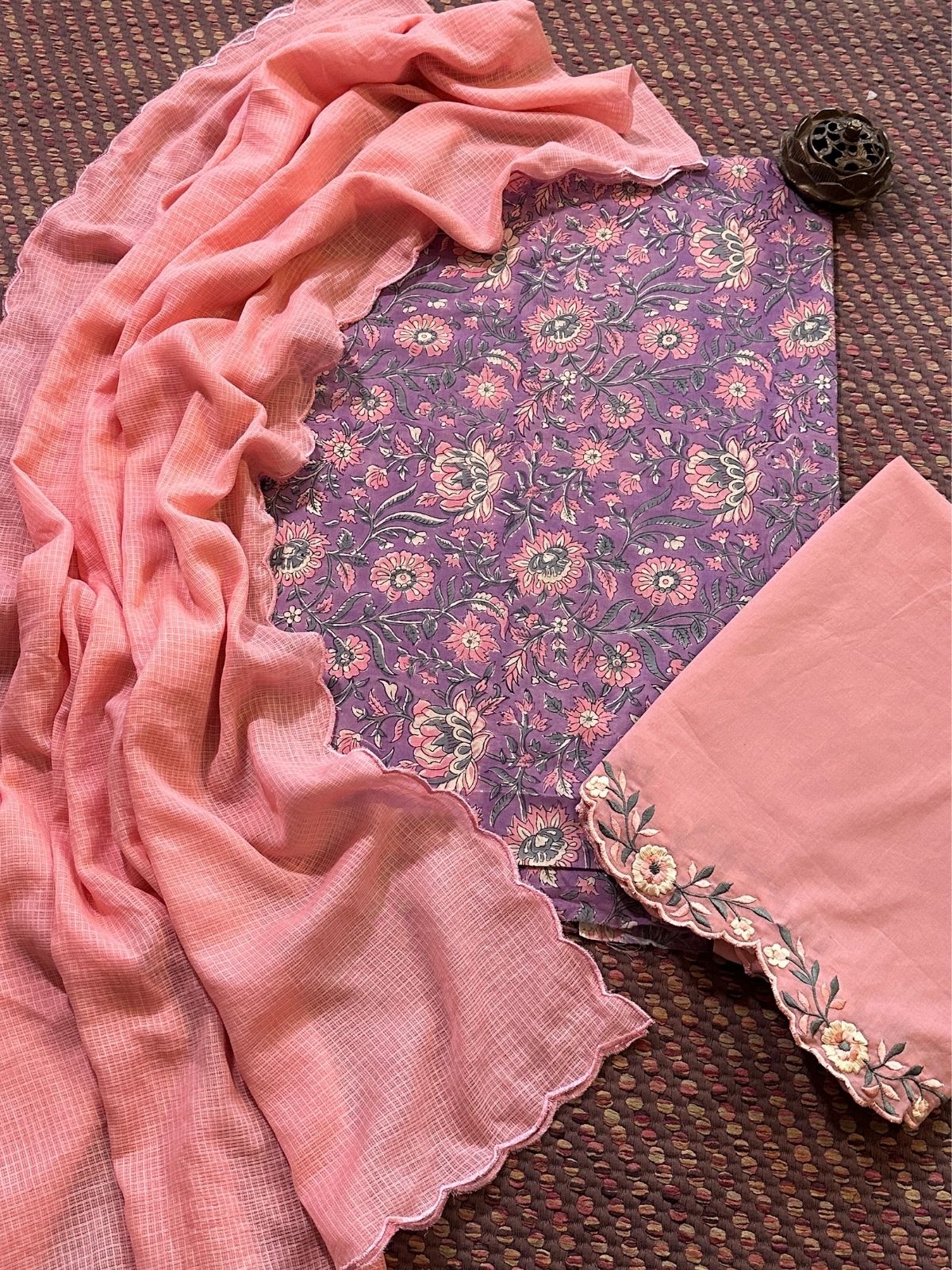 Pure Cotton Malmal Handblocked Unstitched Set