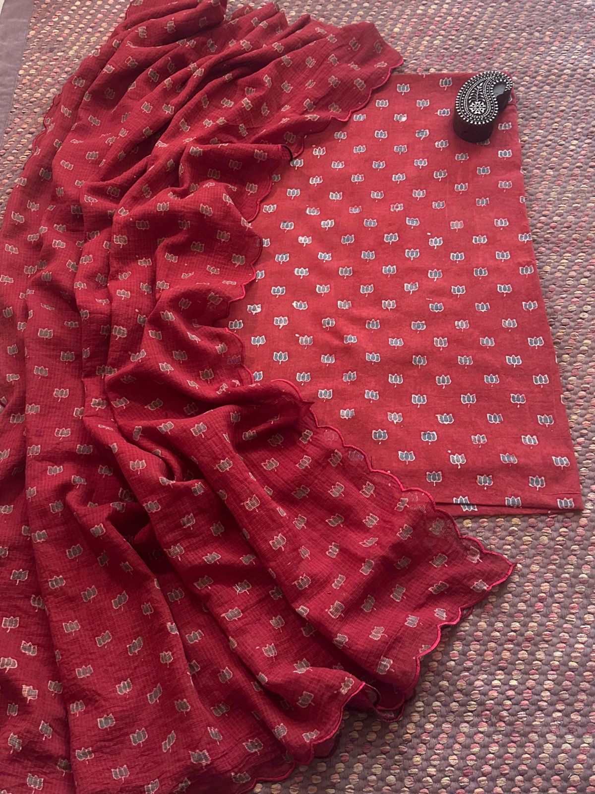 Ajrakh Cotton Malmal Handblocked Set- Top & Dupatta
