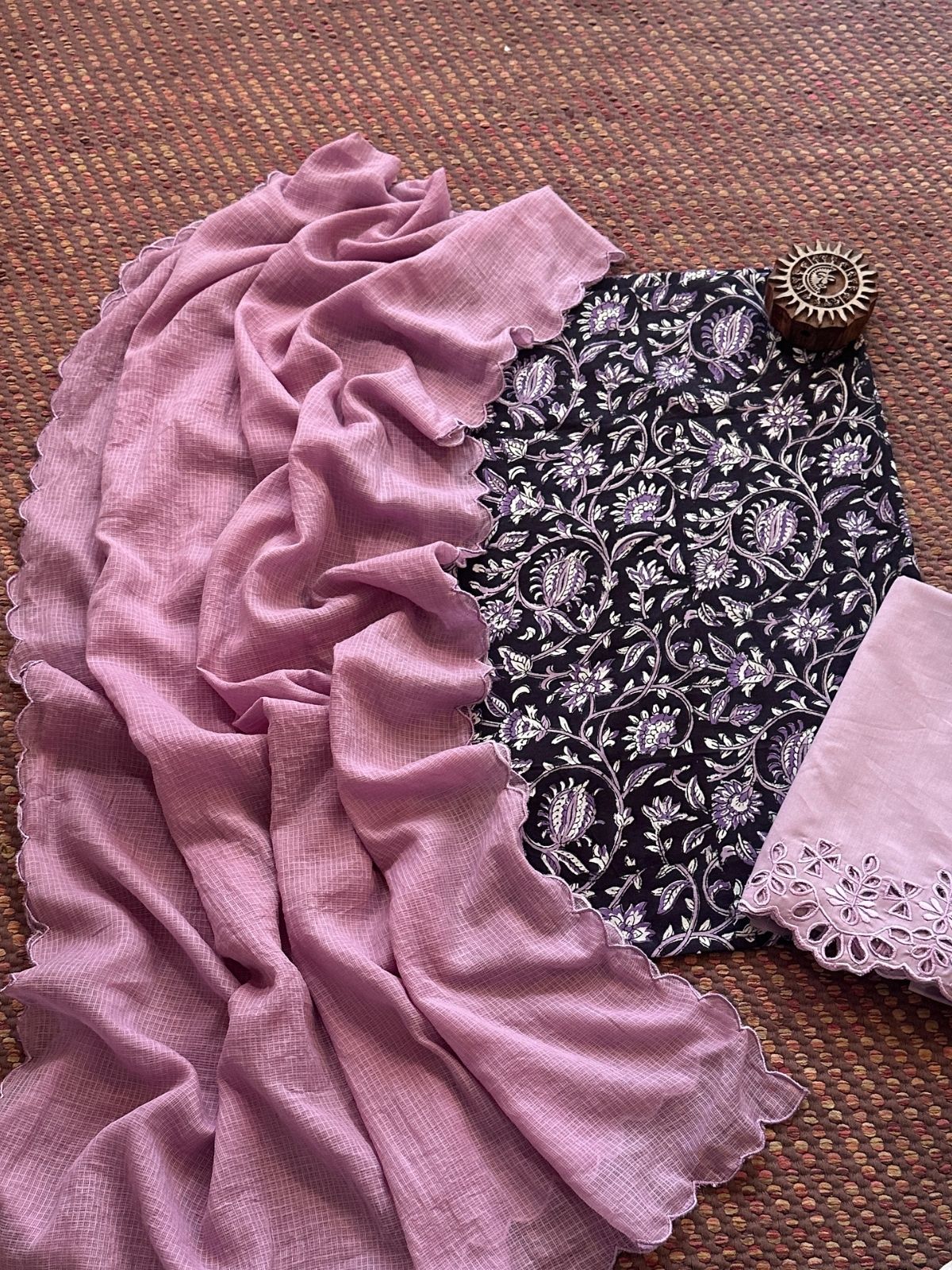 Pure Cotton Hand-blocked Fabric with Cutwork Bottom & Kota Doria Dupatta