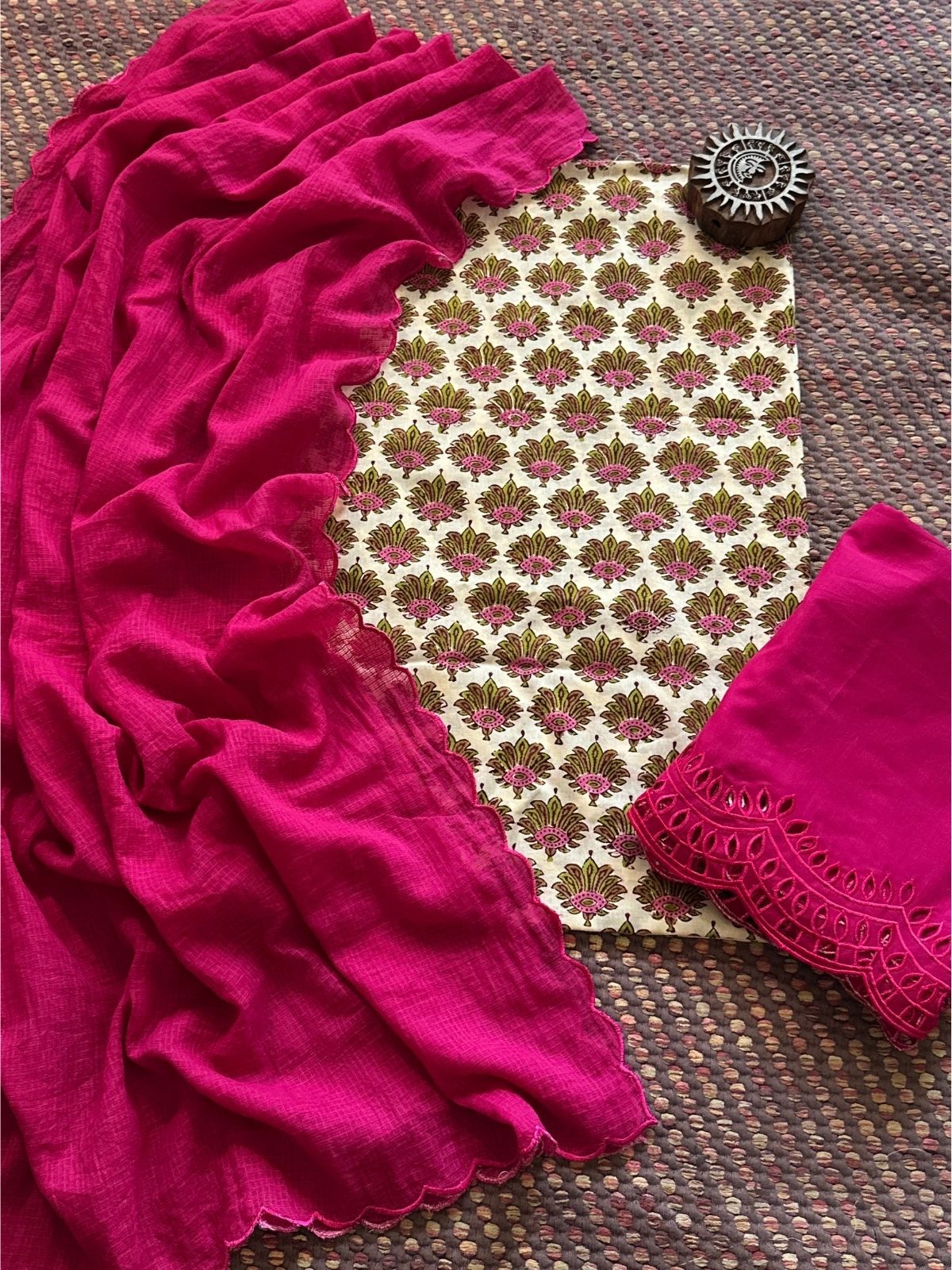Pure Cotton Malmal Hand-blocked Fabric with Cutwork Bottom & Kota Doria Dupatta