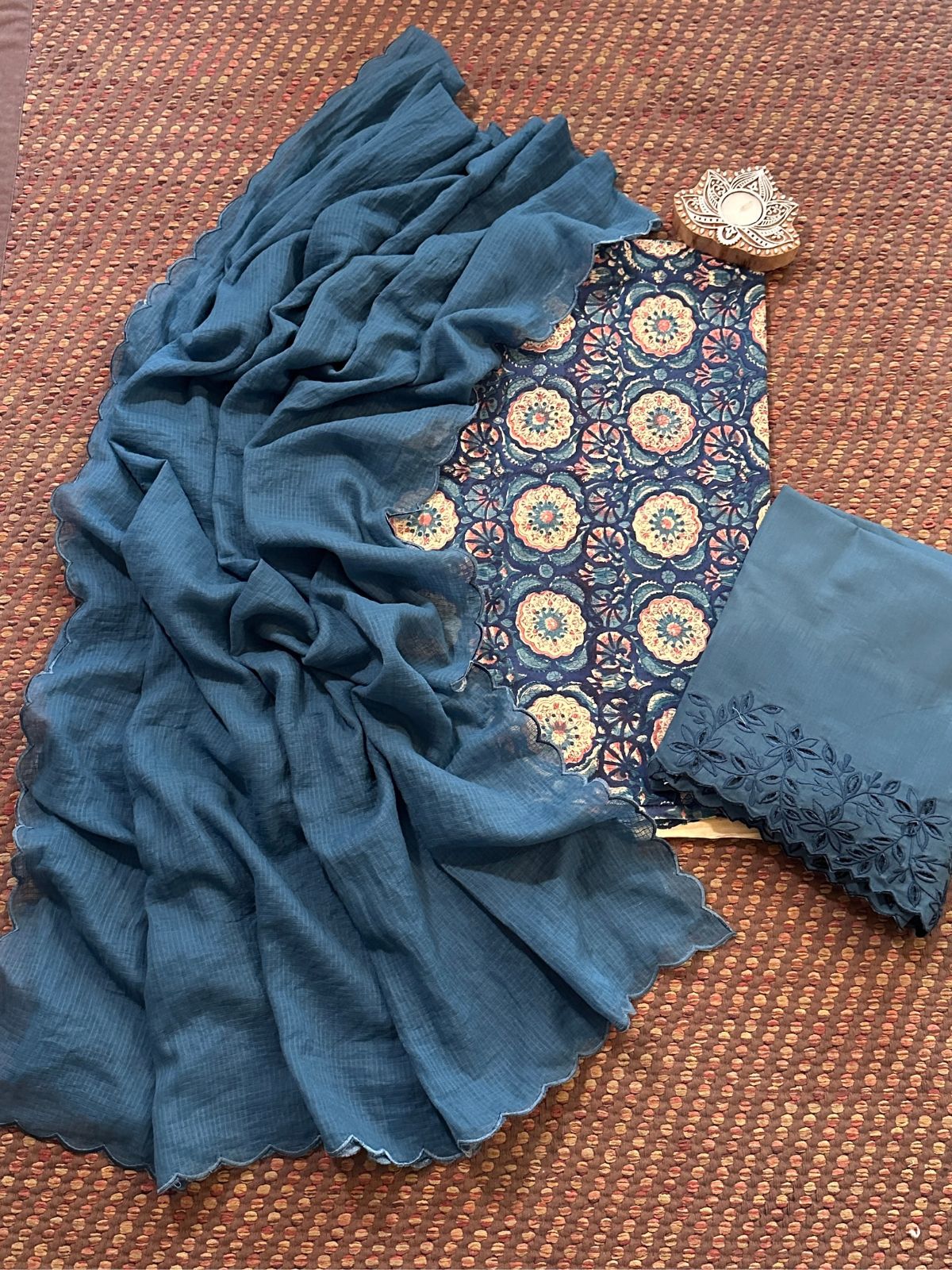 Pure Cotton Hand-blocked Fabric with Cutwork Bottom & Kota Doria Dupatta
