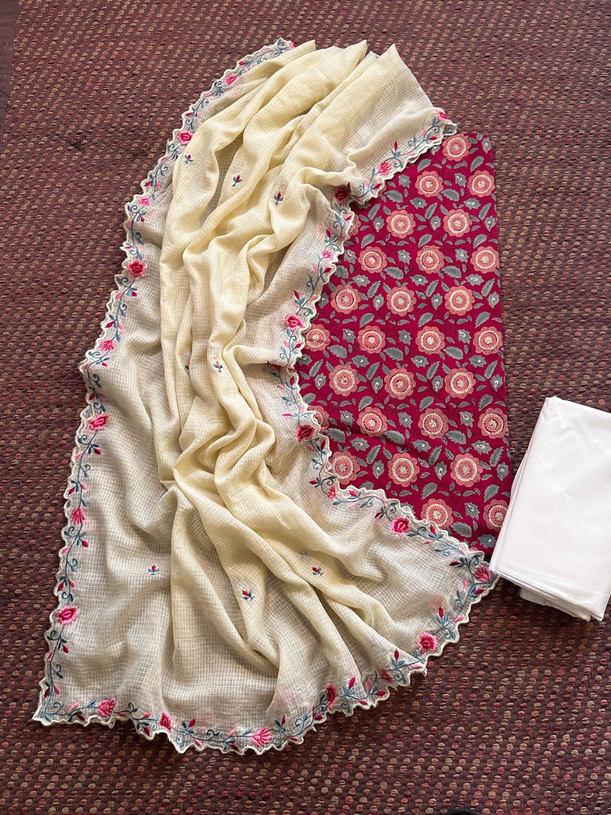 Pure Cotton Hand-block Fabric set with Embroidered Kota Doria Dupatta