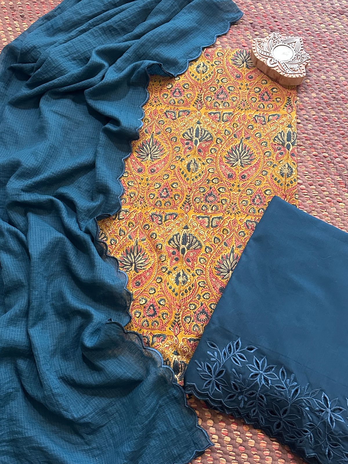 Pure Cotton Malmal Hand-blocked Fabric with Cutwork Bottom & Kota Doria Dupatta