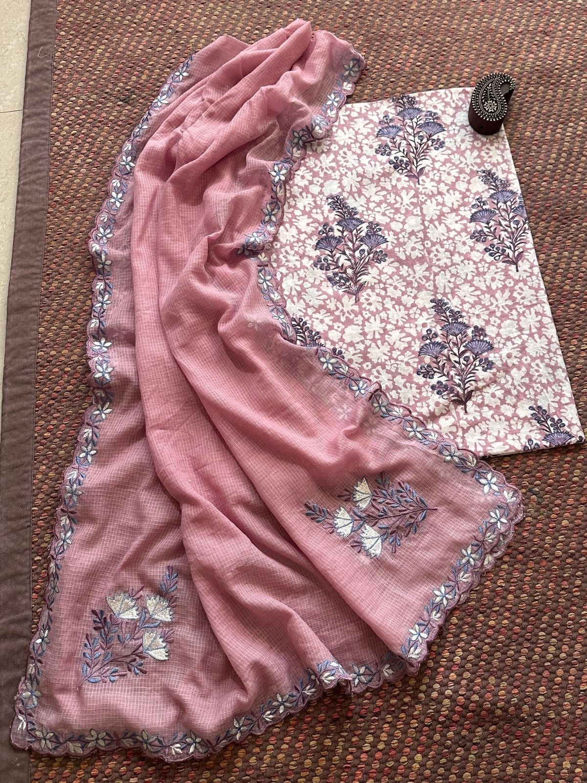 Pure Cotton Handblock Fabric with Exclusive Embroidered Dupatta
