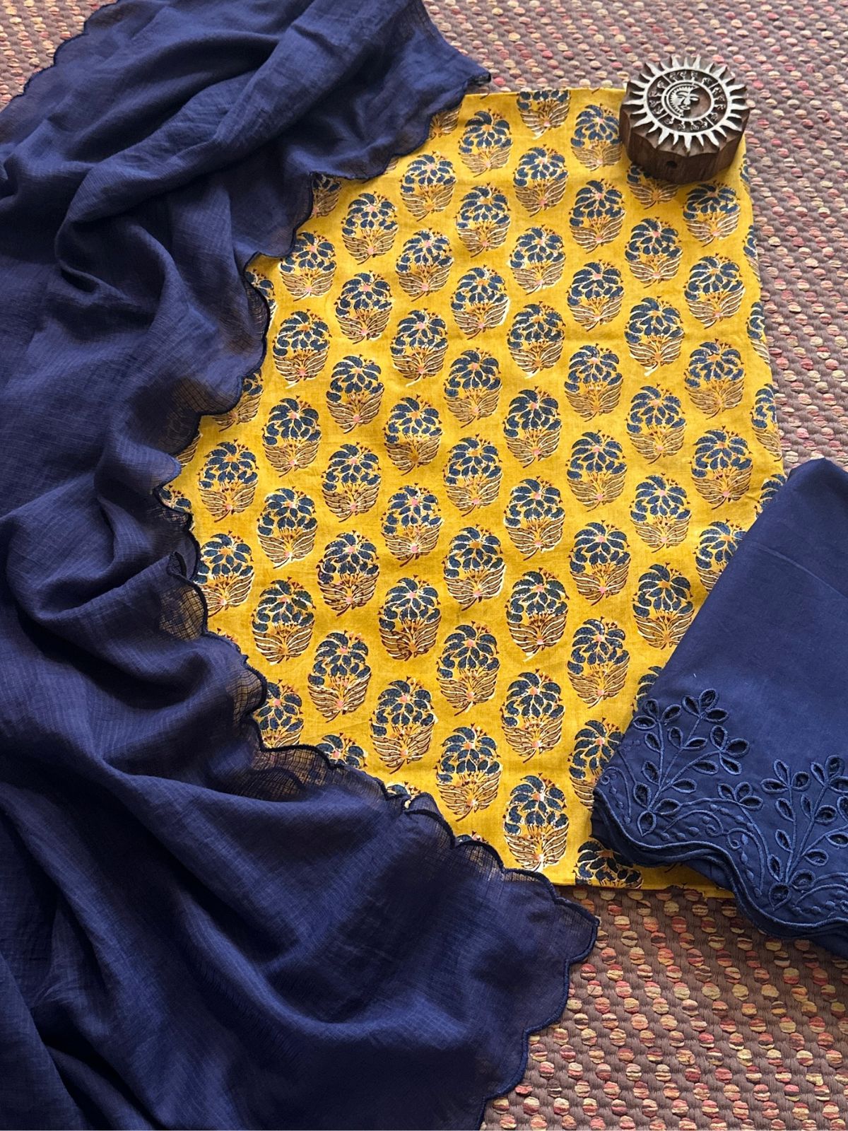 Pure Cotton Malmal Hand-blocked Fabric with Cutwork Bottom & Kota Doria Dupatta
