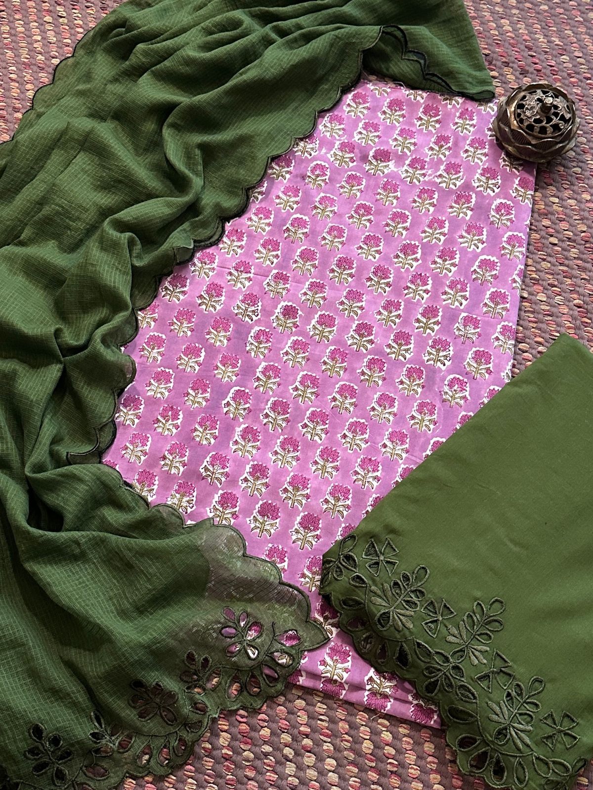 Pure Cotton Hand-blocked Fabric with Cutwork Bottom & Kota Doria Dupatta