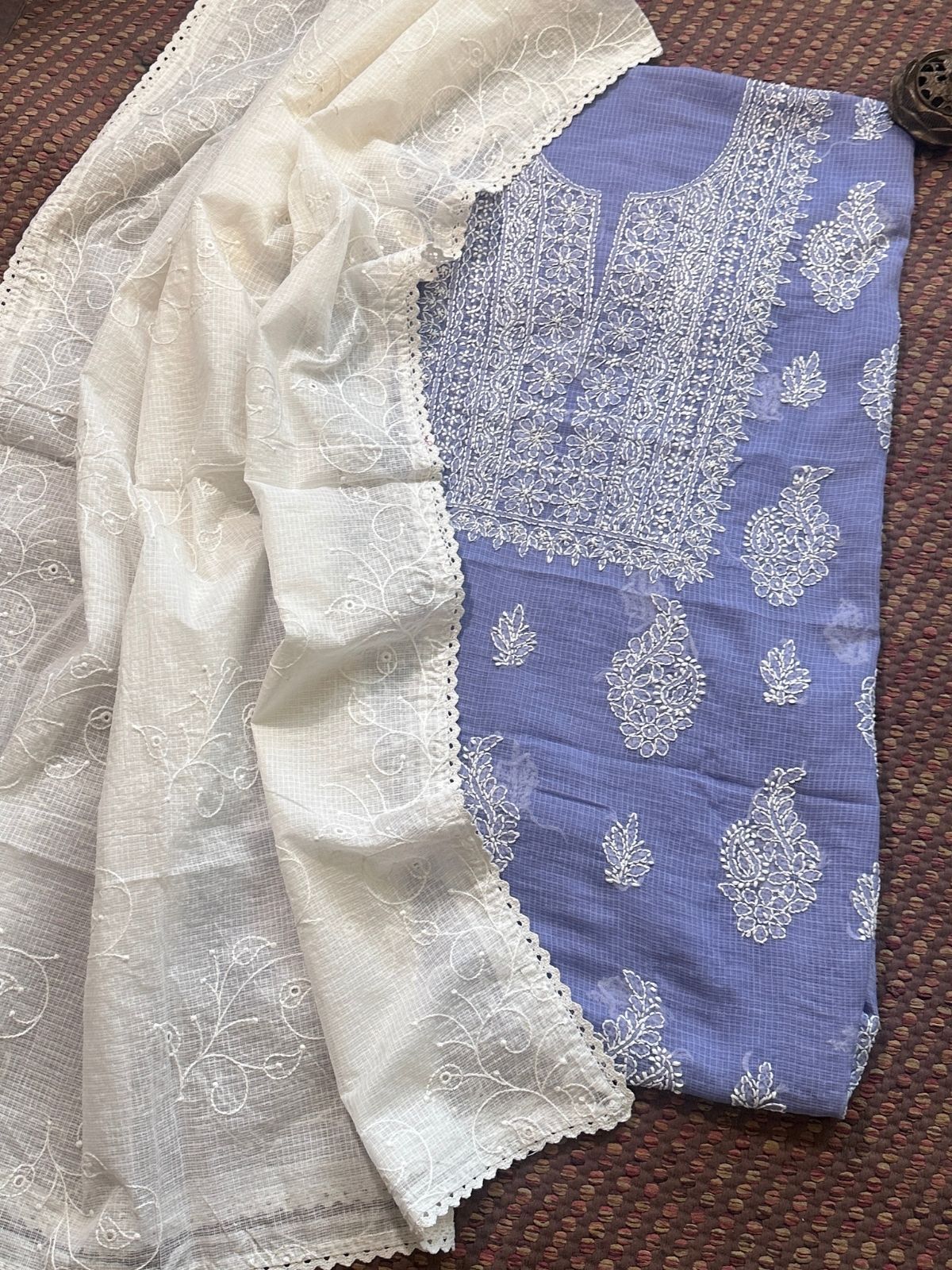 Chikankari Hand Embroidered Fabric with Kota Embroidered Dupatta