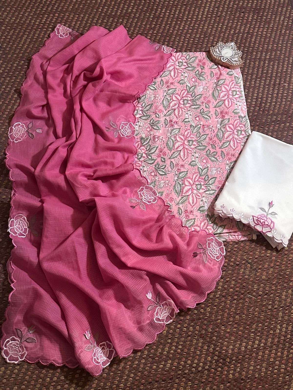 Pure Cotton Hand-block Fabric with Embroidered Bottom & Kota Doria Dupatta