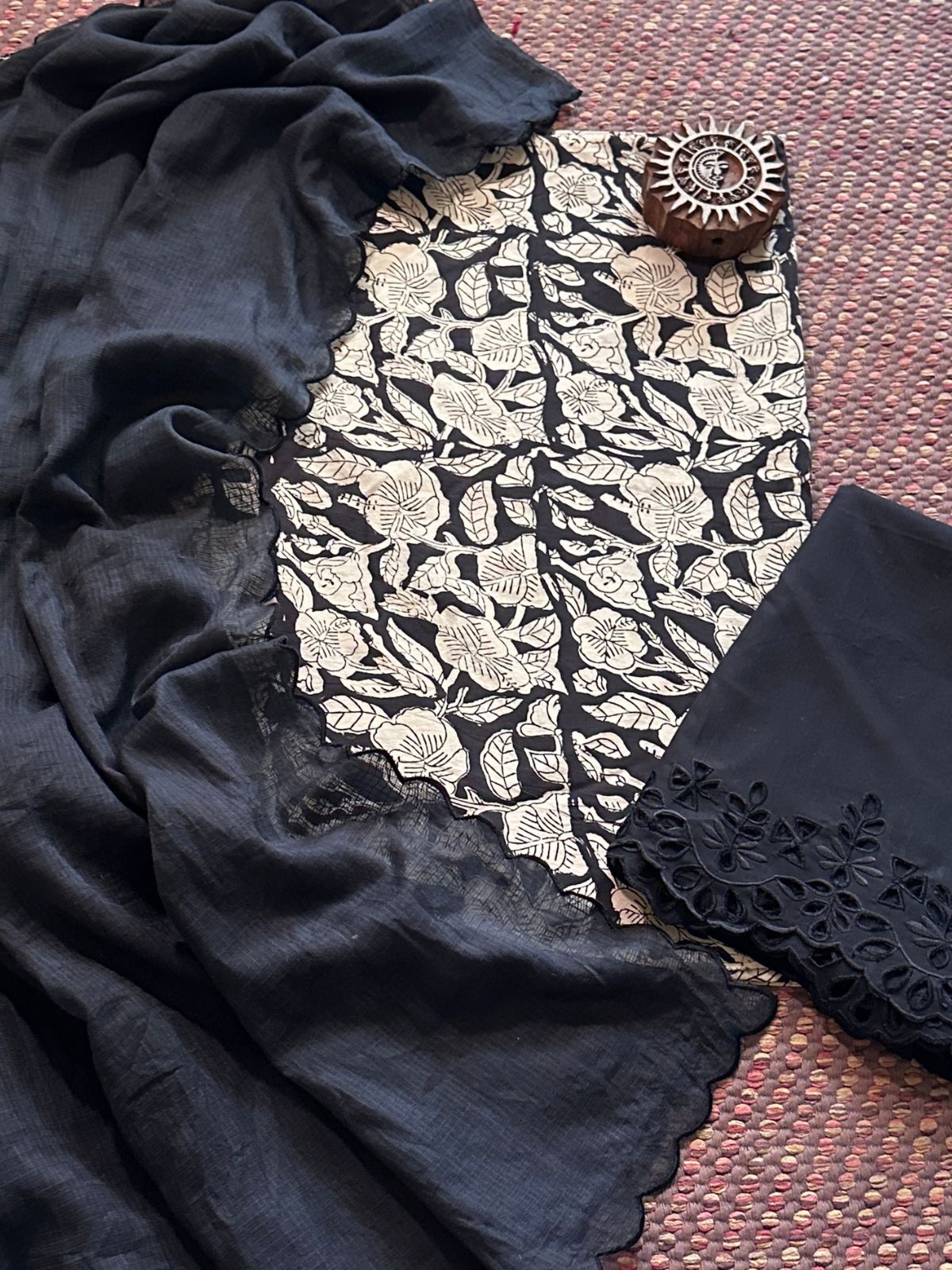 Pure Cotton Hand-blocked Fabric with Cutwork Bottom & Kota Doria Dupatta