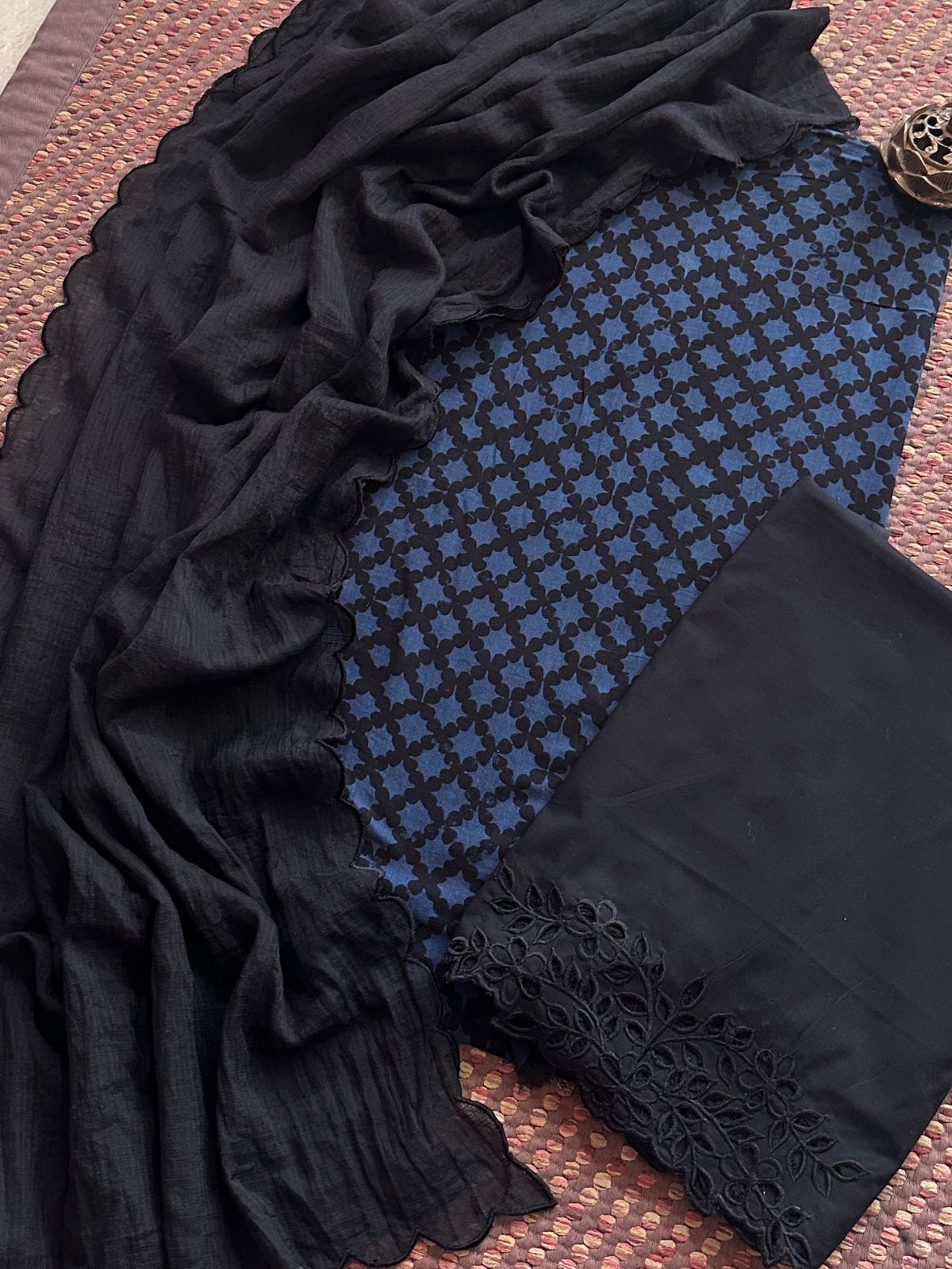 Pure Cotton Malmal Ajrak Fabric withCutwork Bottom & Kota Dupatta