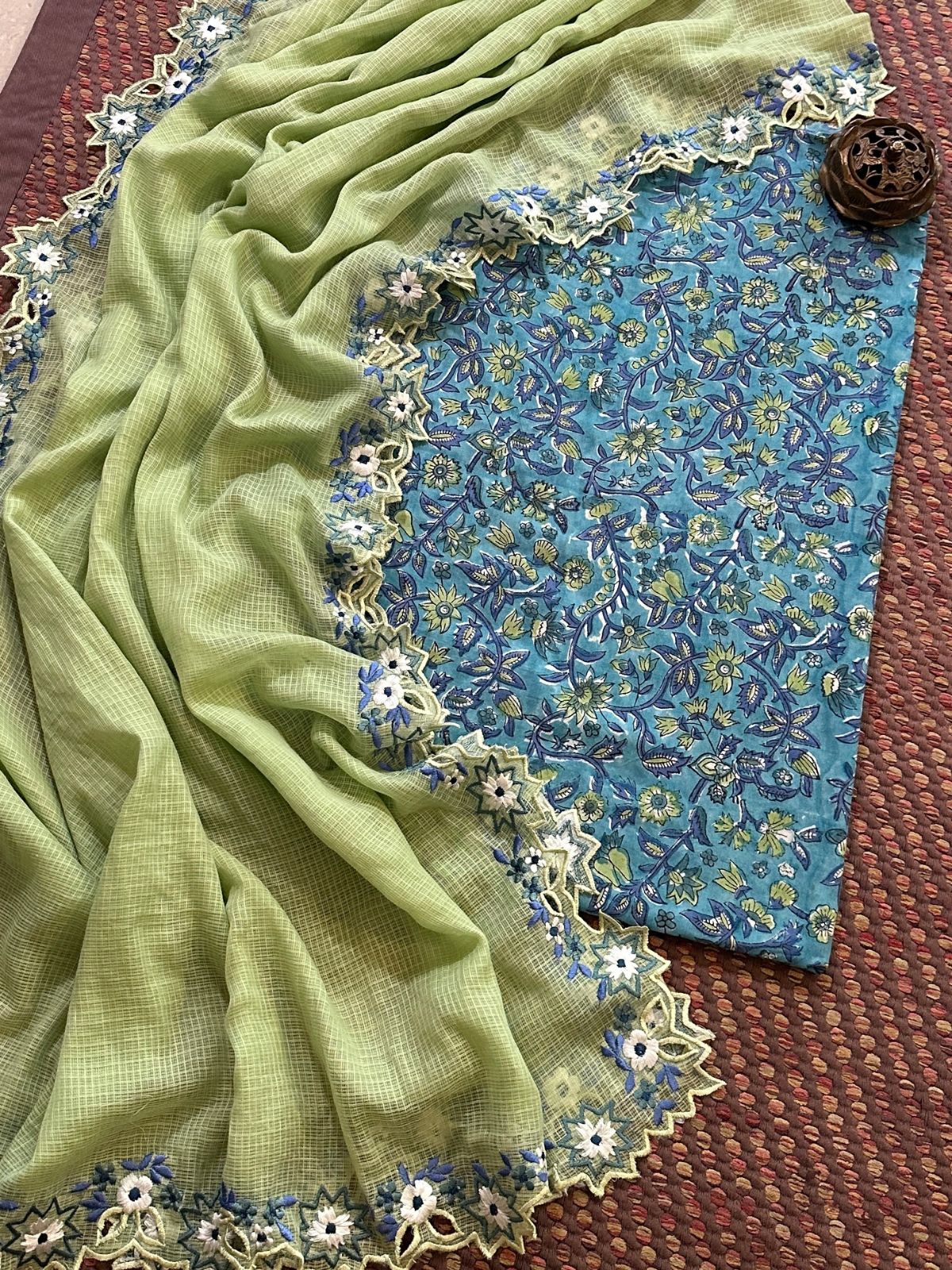 Pure Cotton Handblock Fabric with Exclusive Cutwork Embroidered Dupatta