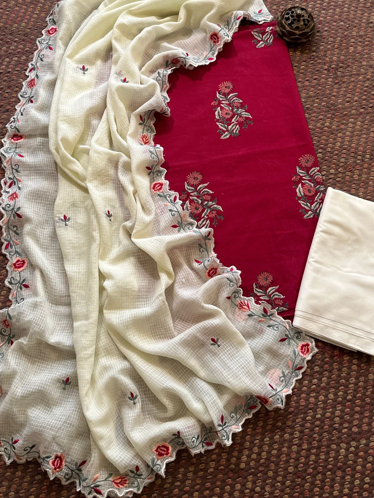 Pure Cotton Hand-block Fabric set with Embroidered Kota Doria Dupatta