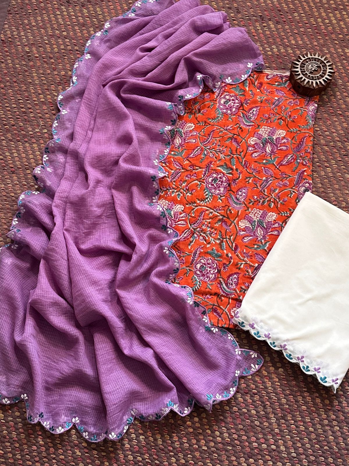 Pure Cotton Hand-block Fabric with Embroidered Bottom & Kota Doria Dupatta