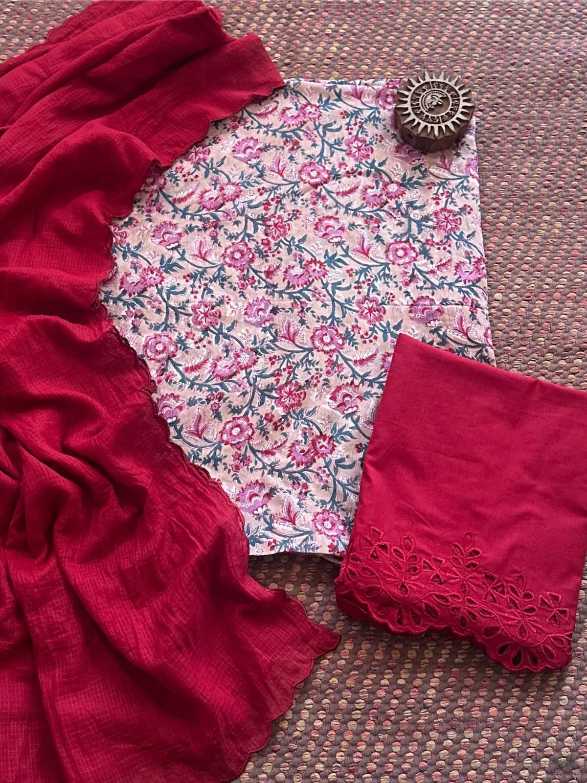 Pure Cotton Voile Hand-blocked Fabric with Cutwork Bottom & Kota Doria Dupatta