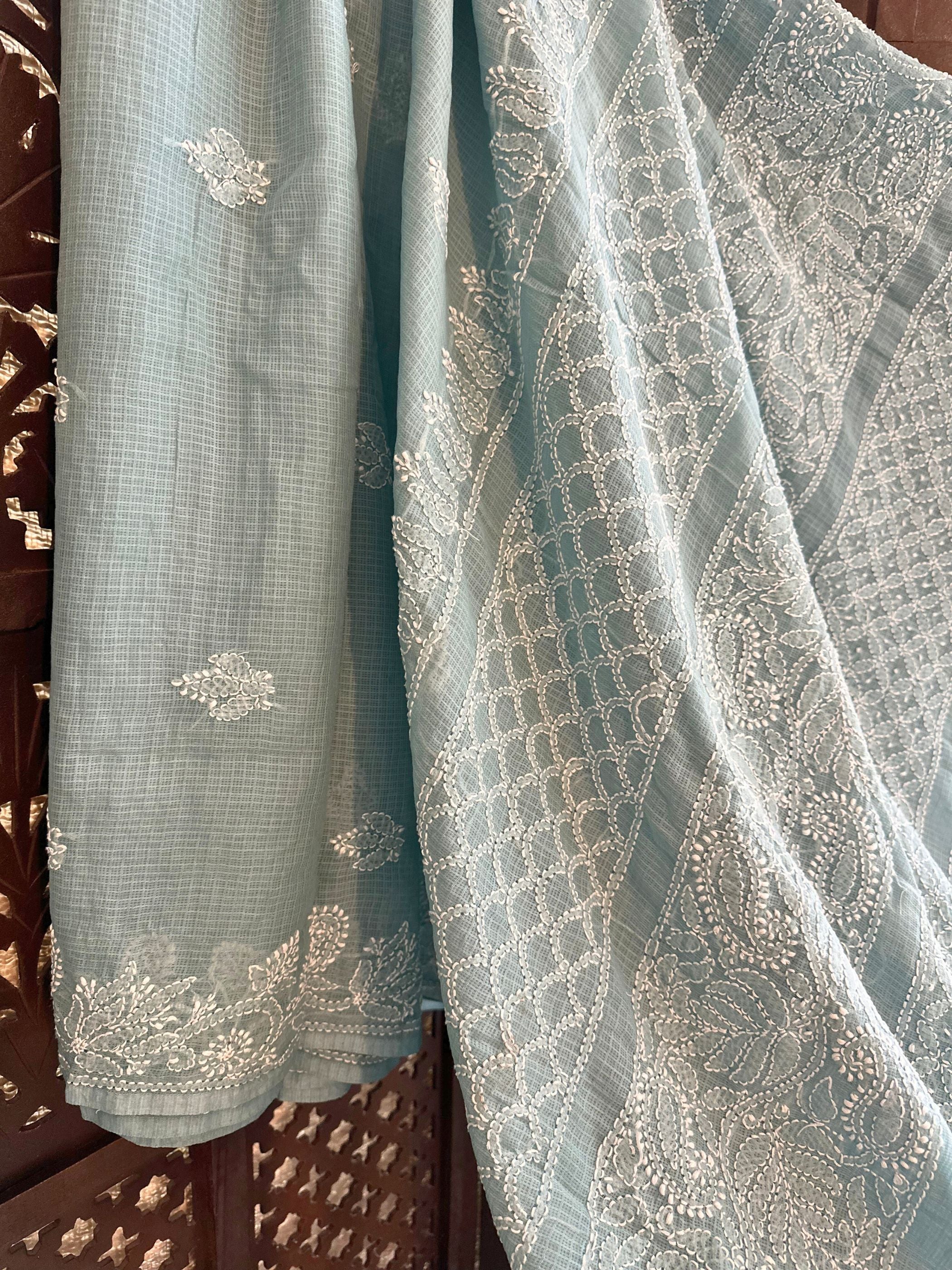 Greyish Blue Chikankari Hand Embroidered Saree