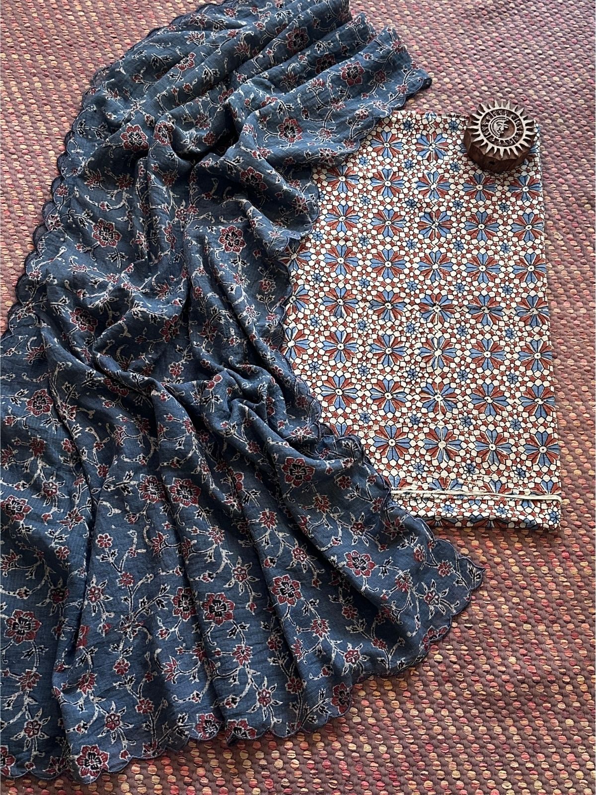 Ajrakh Cotton Malmal Handblocked Set- Top & Dupatta