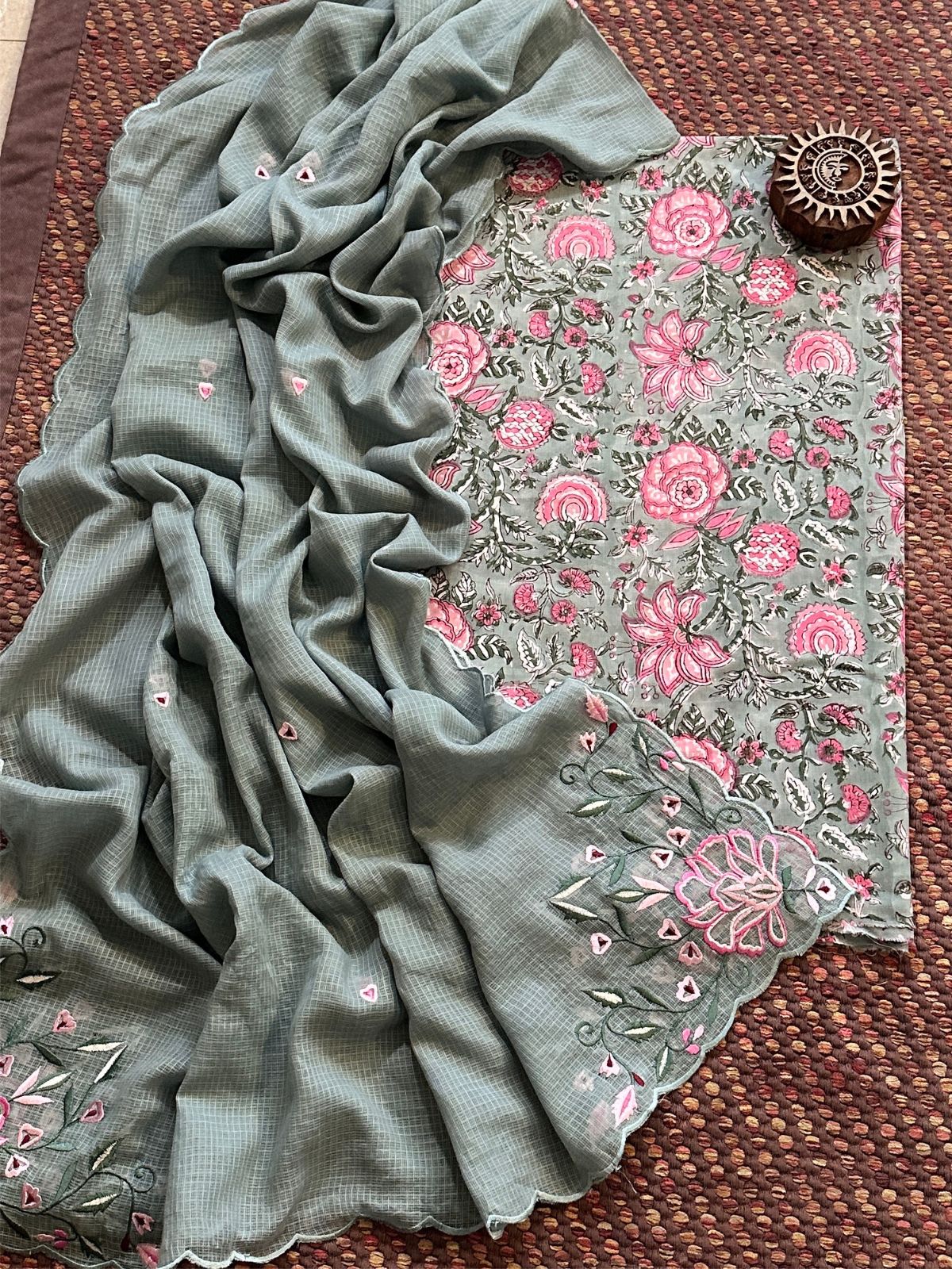 Pure Cotton Hand-blocked fabric set with Embroidered Dupatta