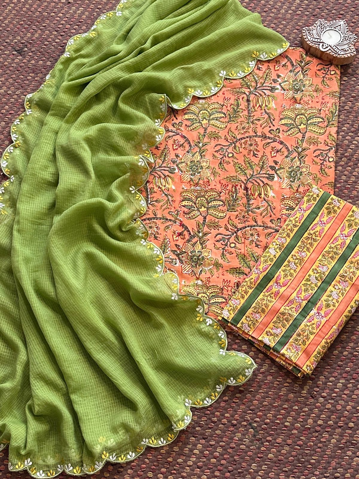 Premium Pure Cotton Malmal Hand blocked Set with Embroidered Dupatta