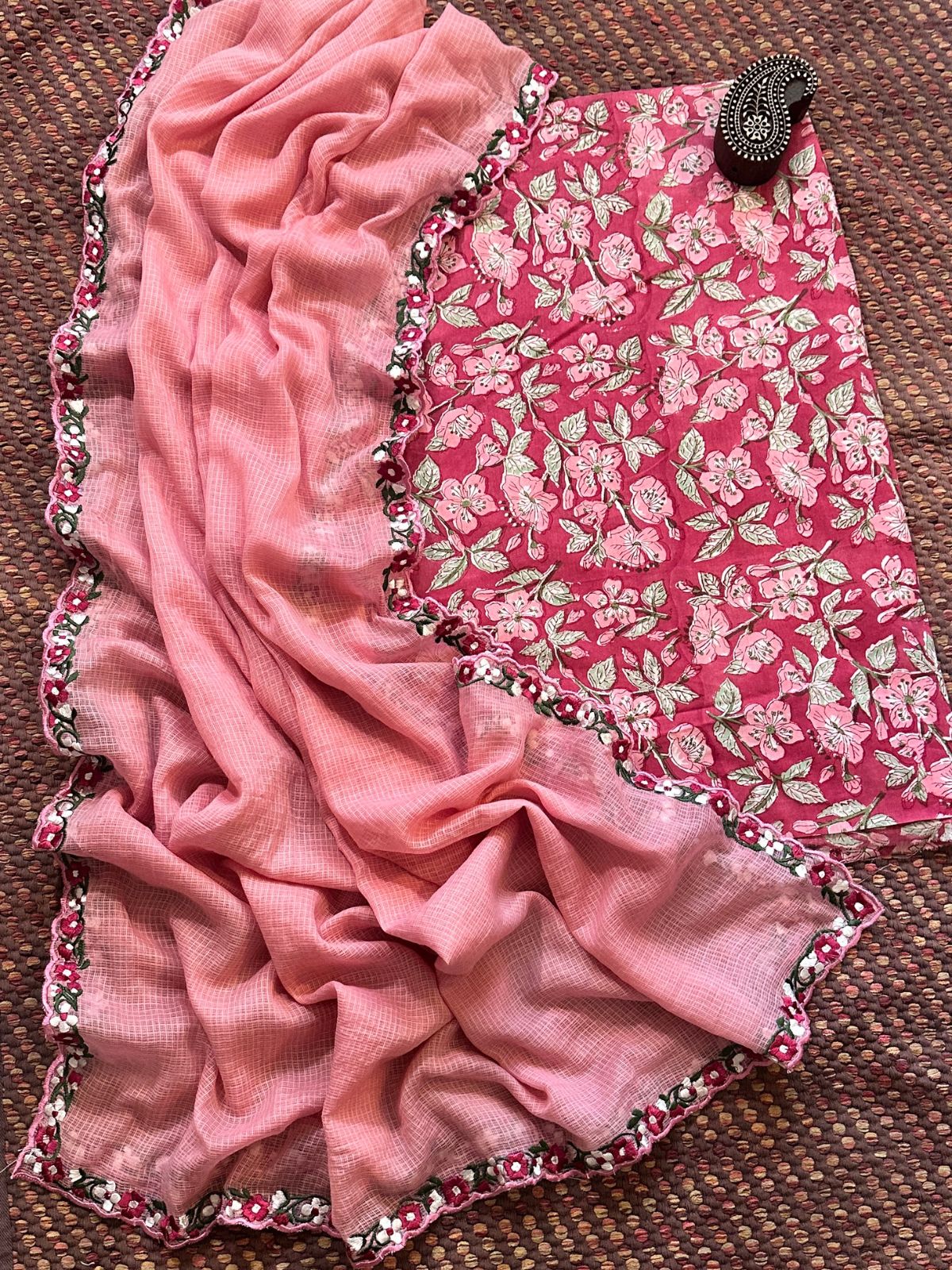 Pure Cotton Hand-blocked fabric set with Embroidered Dupatta