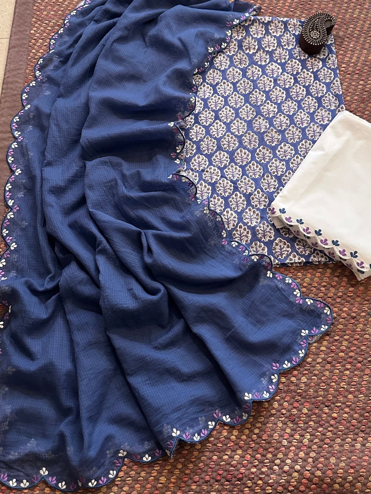 Pure Cotton Hand-block Fabric with Exclusive Embroidered Bottom & Kota Doria Dupatta
