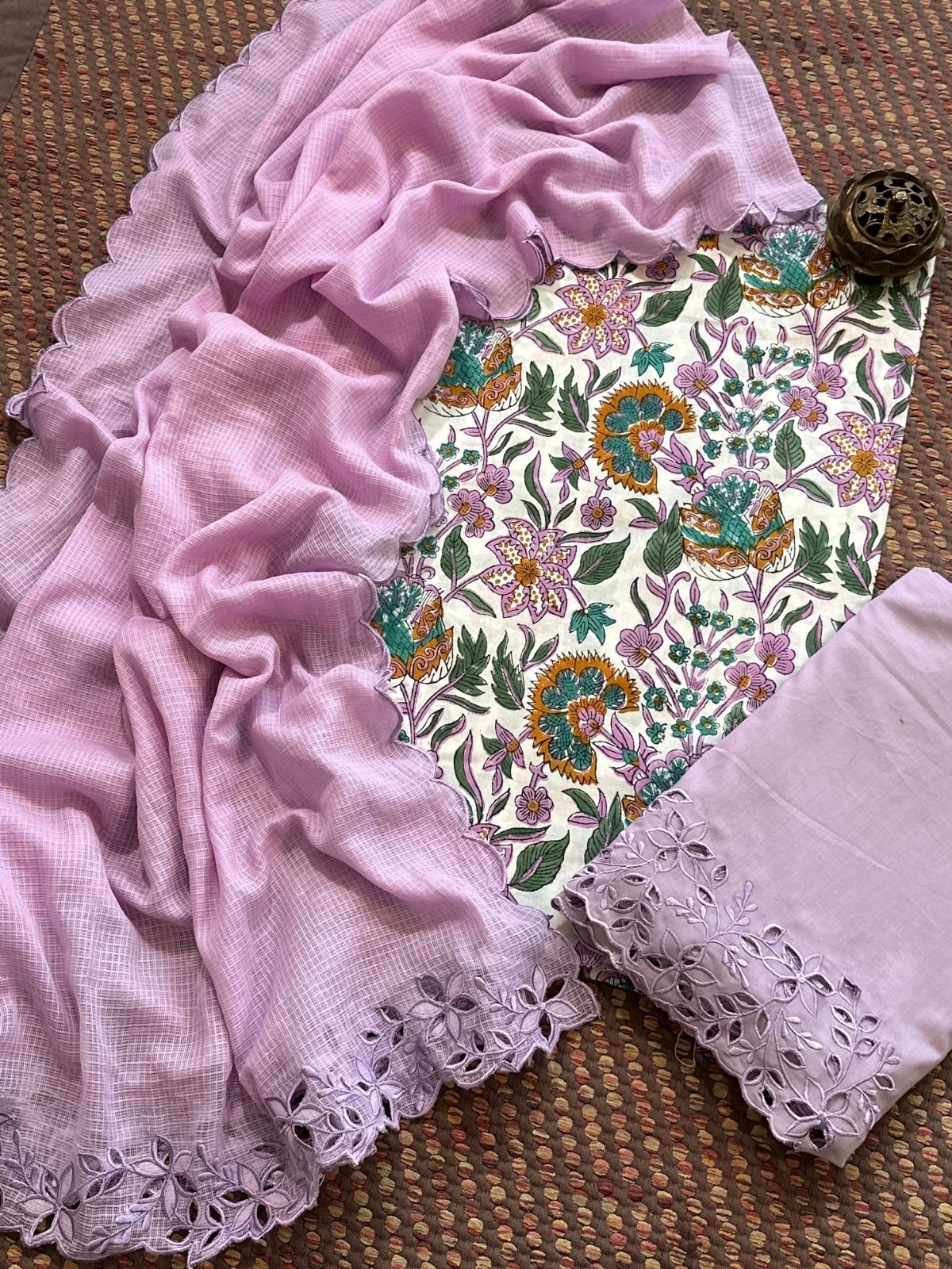 Pure Cotton Malmal Hand-blocked Fabric with Cutwork Bottom & Kota Doria Dupatta