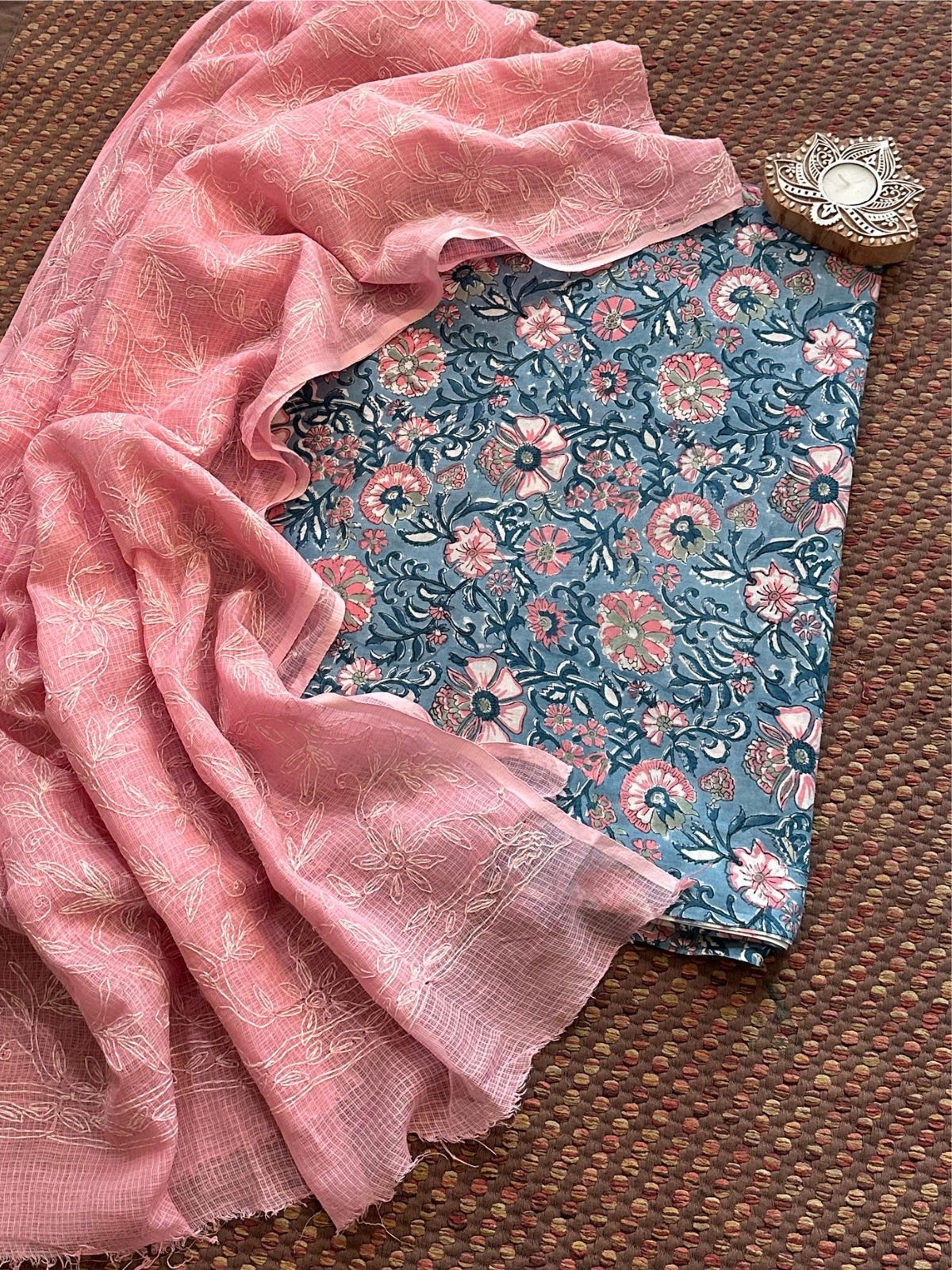 Pure Cotton Hand Blocked Fabric with Chikankari Dupatta