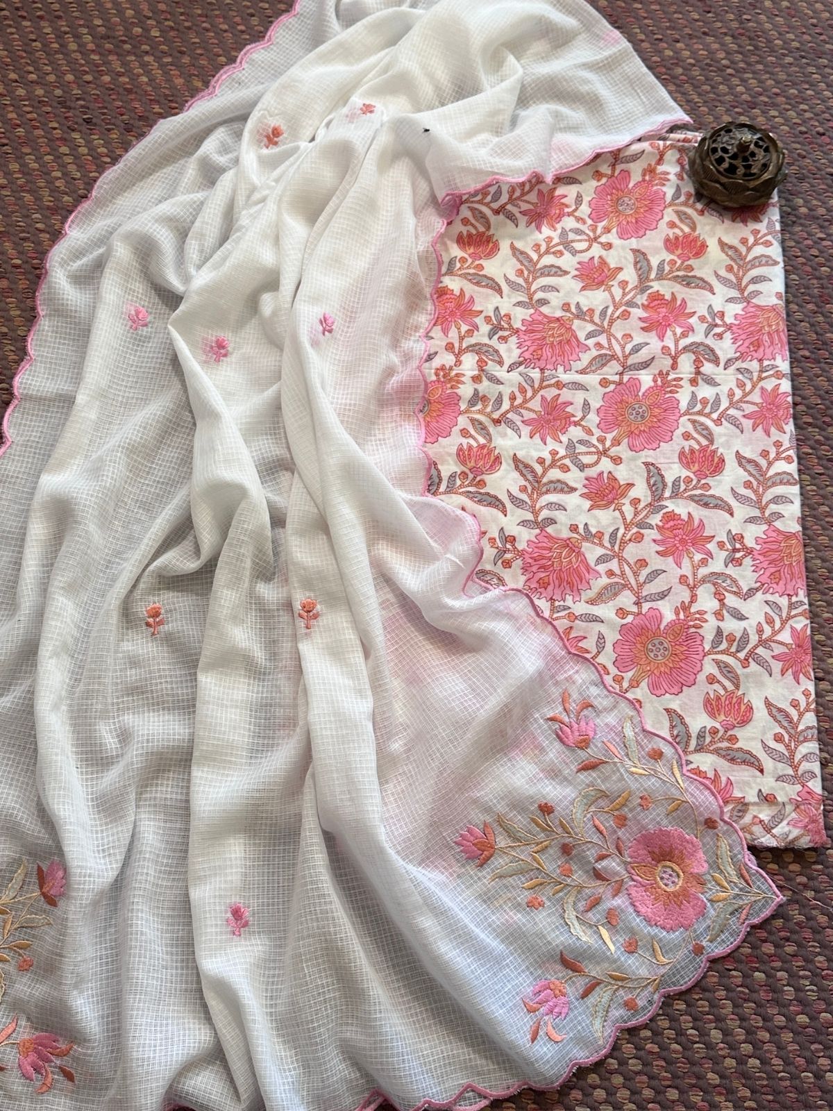 Pure Cotton Hand-blocked Fabric with Embroidered Dupatta