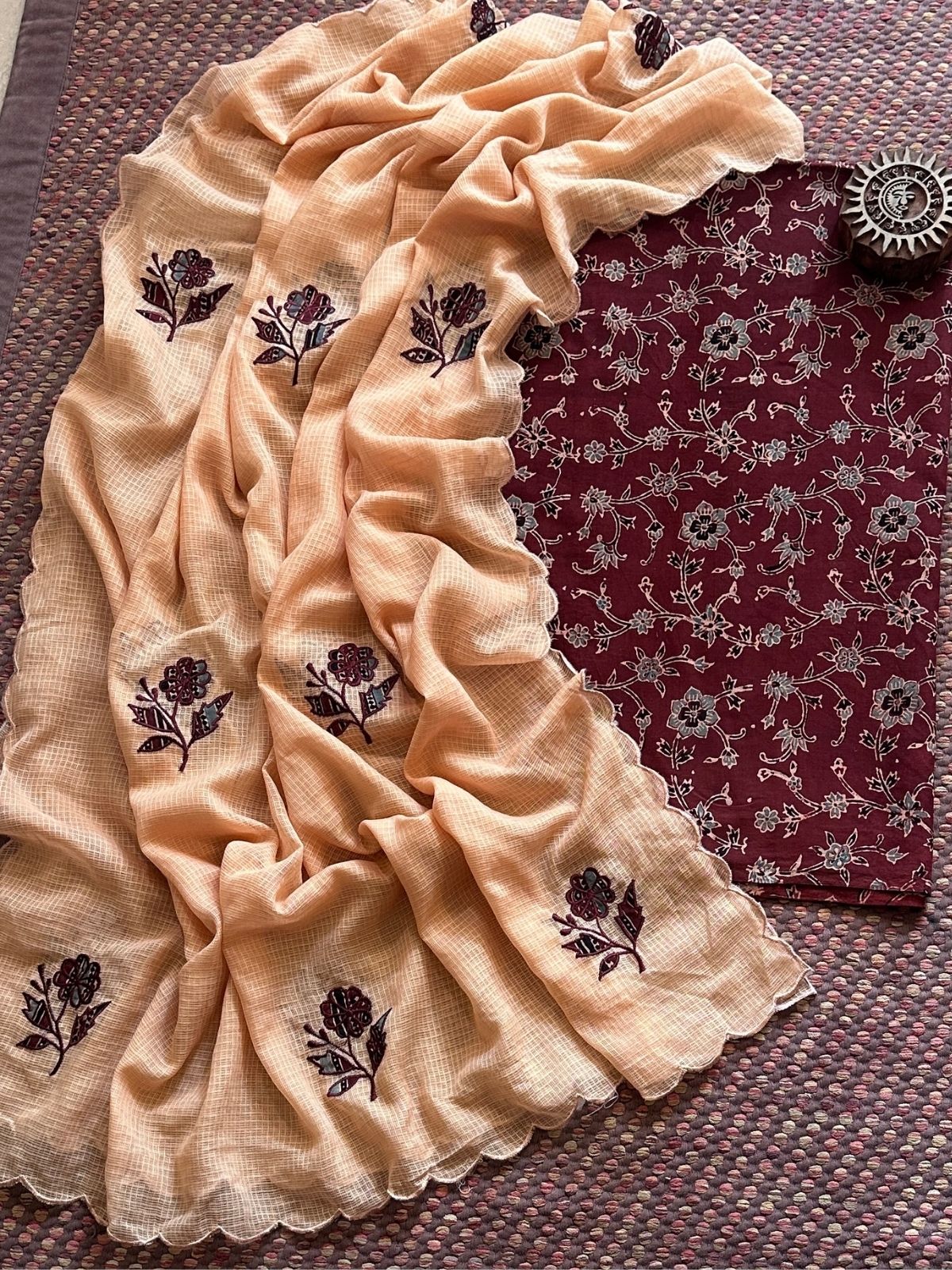 Ajrakh Cotton Malmal Unstitched Fabric with Applique Kota Dupatta