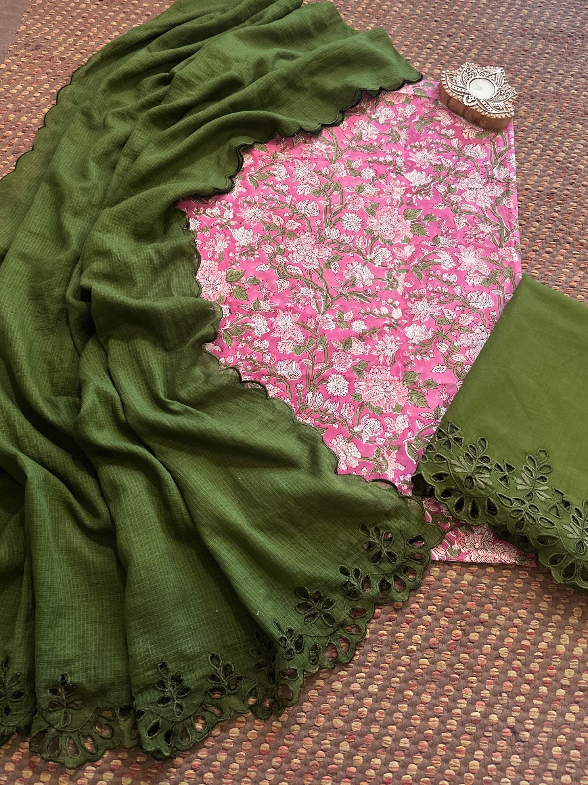 Pure Cotton Hand-blocked Fabric with Cutwork Bottom & Kota Doria Dupatta