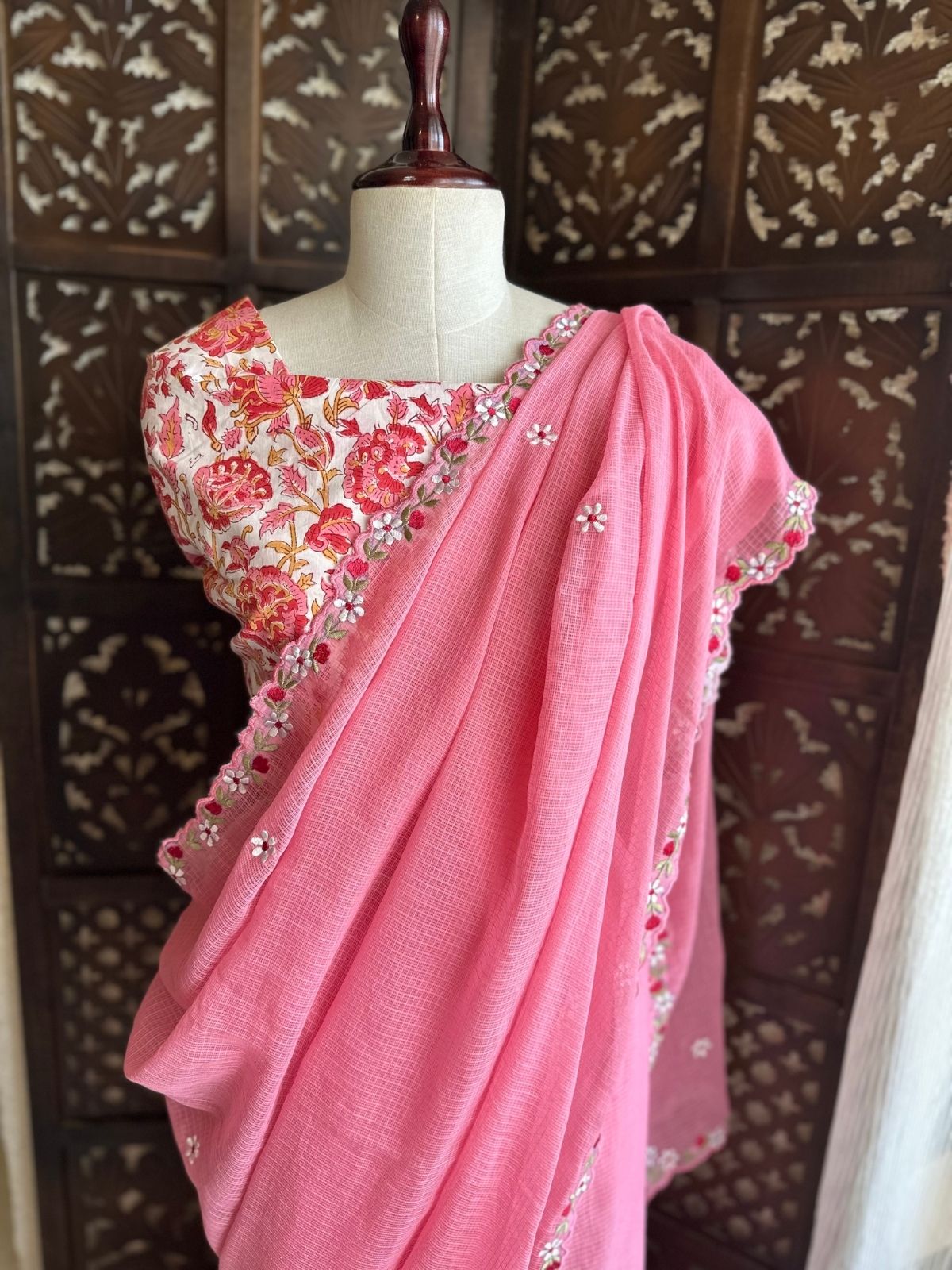 Kota Doria Embroidered Saree with Hand Block Blouse fabric