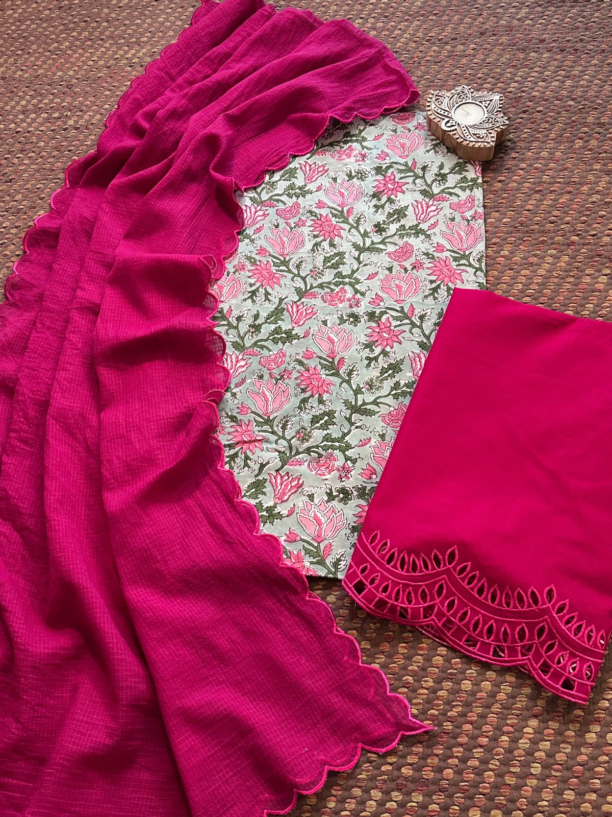 Pure Cotton Hand-blocked Fabric with Cutwork Bottom & Kota Doria Dupatta