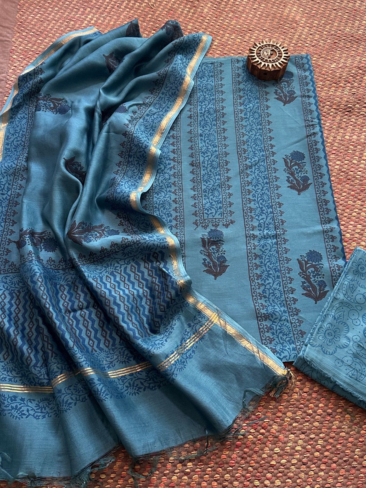 Hand-blocked Maheswari Unstitched Set