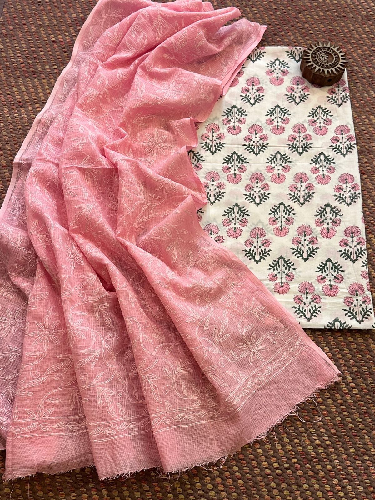 Pure Cotton Hand Blocked Fabric with Chikankari Dupatta