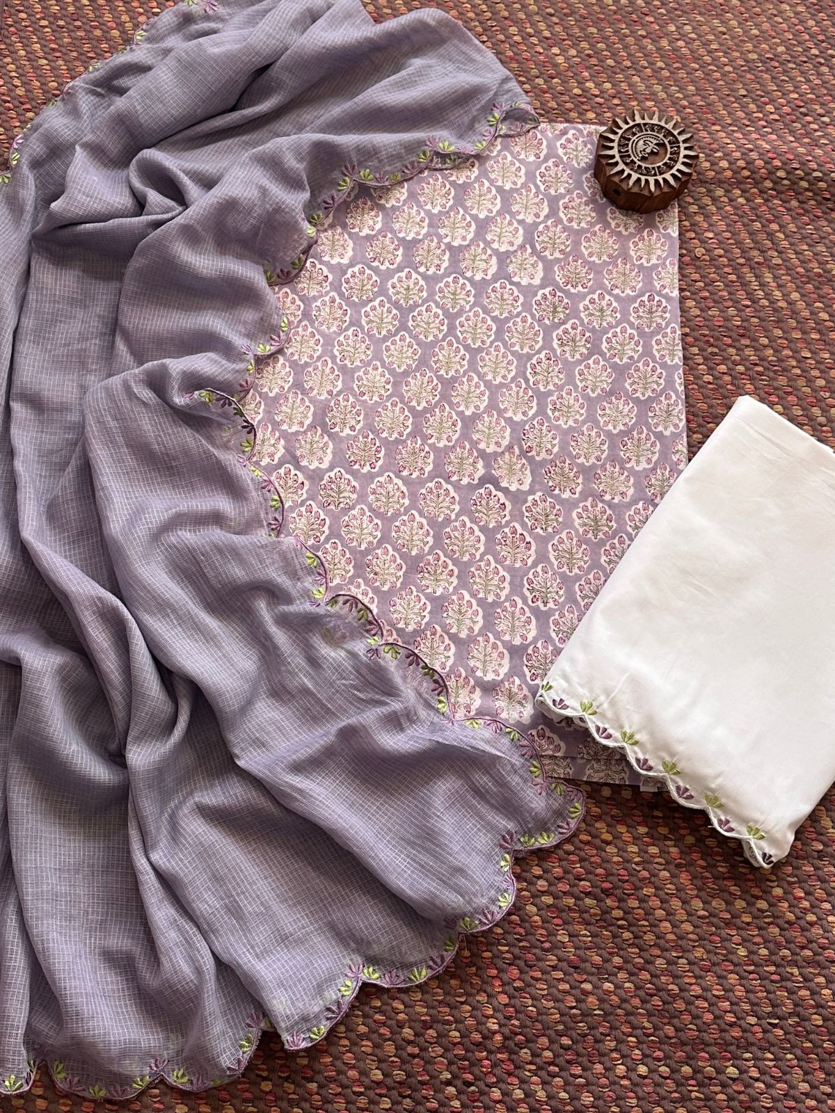 Pure Cotton Hand-block Fabric with Exclusive Embroidered Bottom & Kota Doria Dupatta