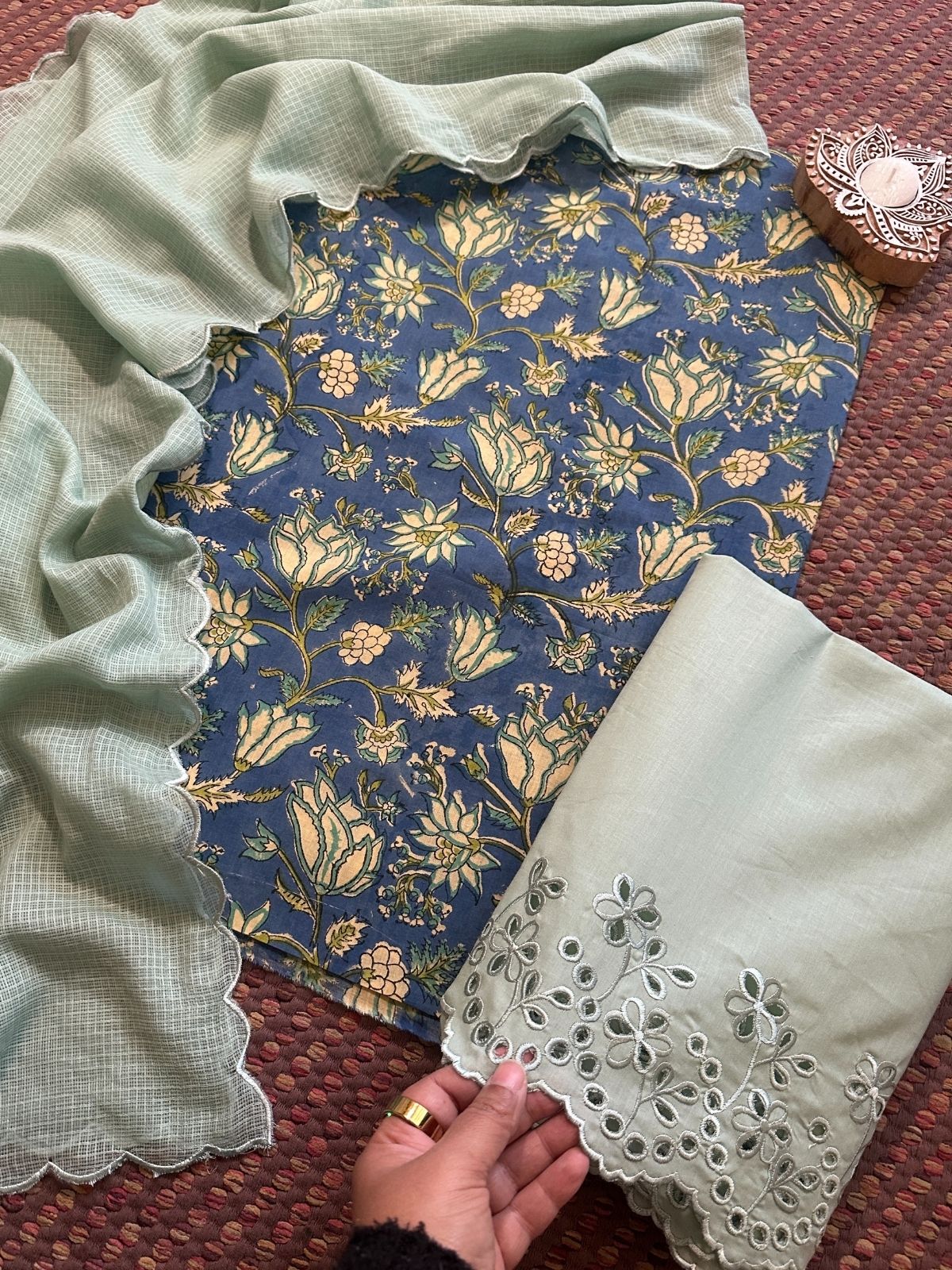 Pure Cotton Hand-blocked Fabric with Cutwork Bottom & Kota Doria Dupatta