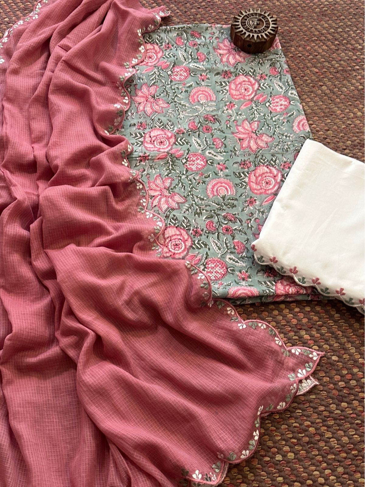 Pure Cotton Hand blocked Set with Embroidered Dupatta