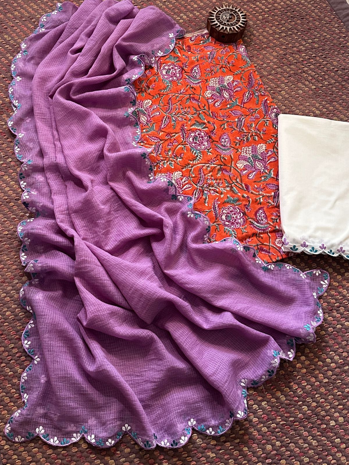 Pure Cotton Hand-block Fabric with Embroidered Bottom & Kota Doria Dupatta