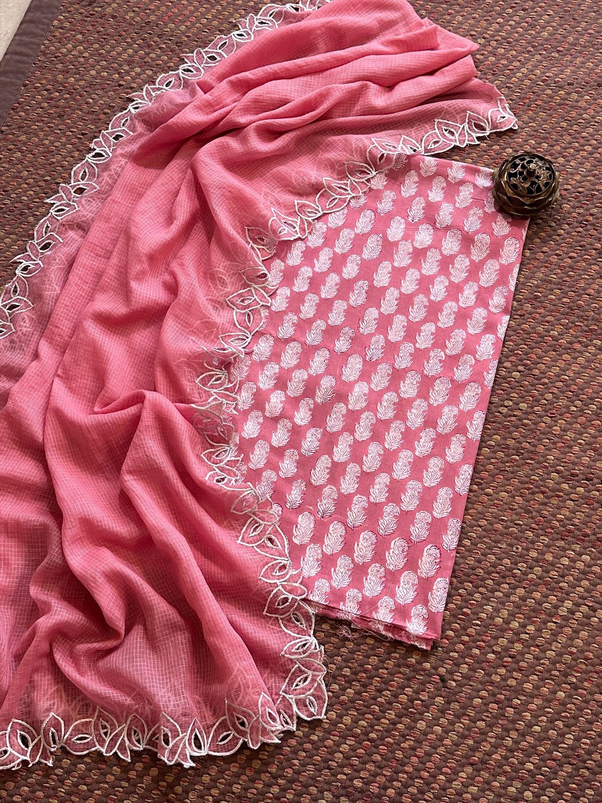 Pure Cotton Handblock Fabric with Cutwork Embroidered Dupatta