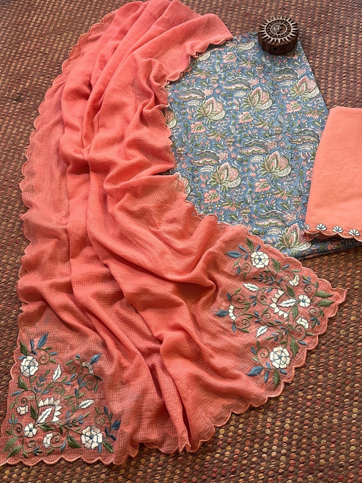 Pure Cotton Hand-block Fabric with Embroidered Bottom & Kota Doria Dupatta
