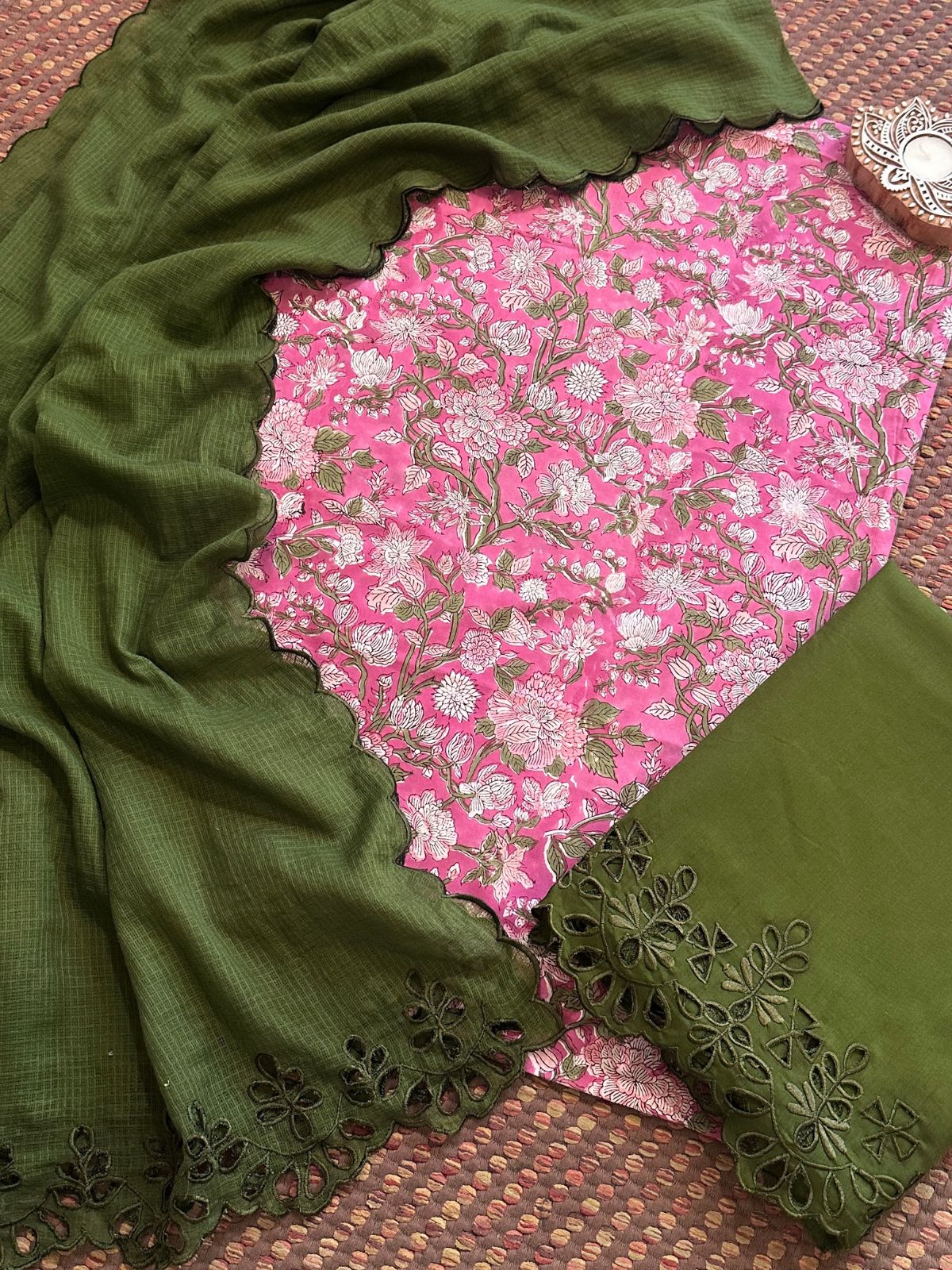 Pure Cotton Hand-blocked Fabric with Cutwork Bottom & Kota Doria Dupatta