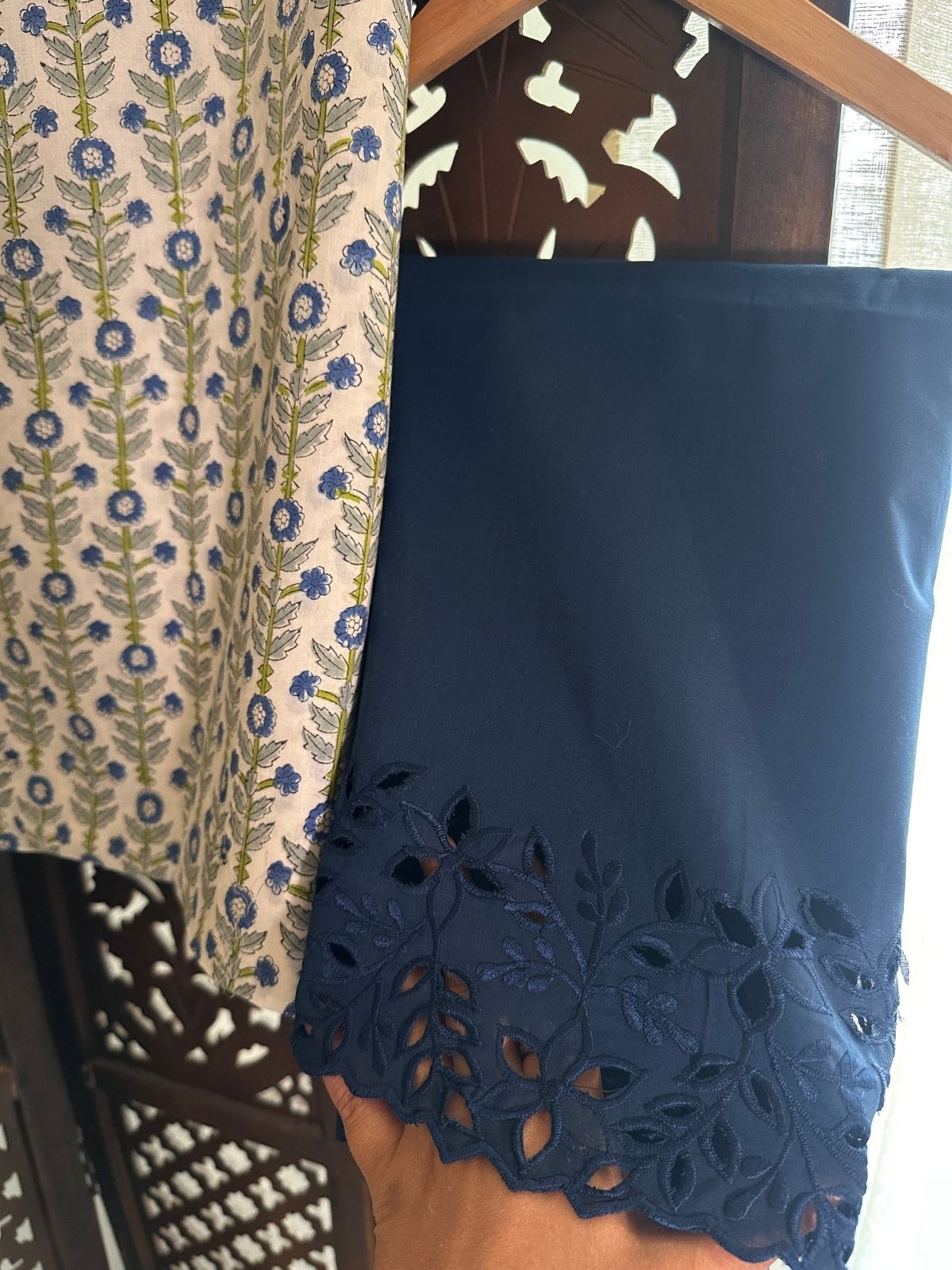 Pure Cotton Hand-blocked Fabric with Cutwork Bottom & Kota Doria Dupatta